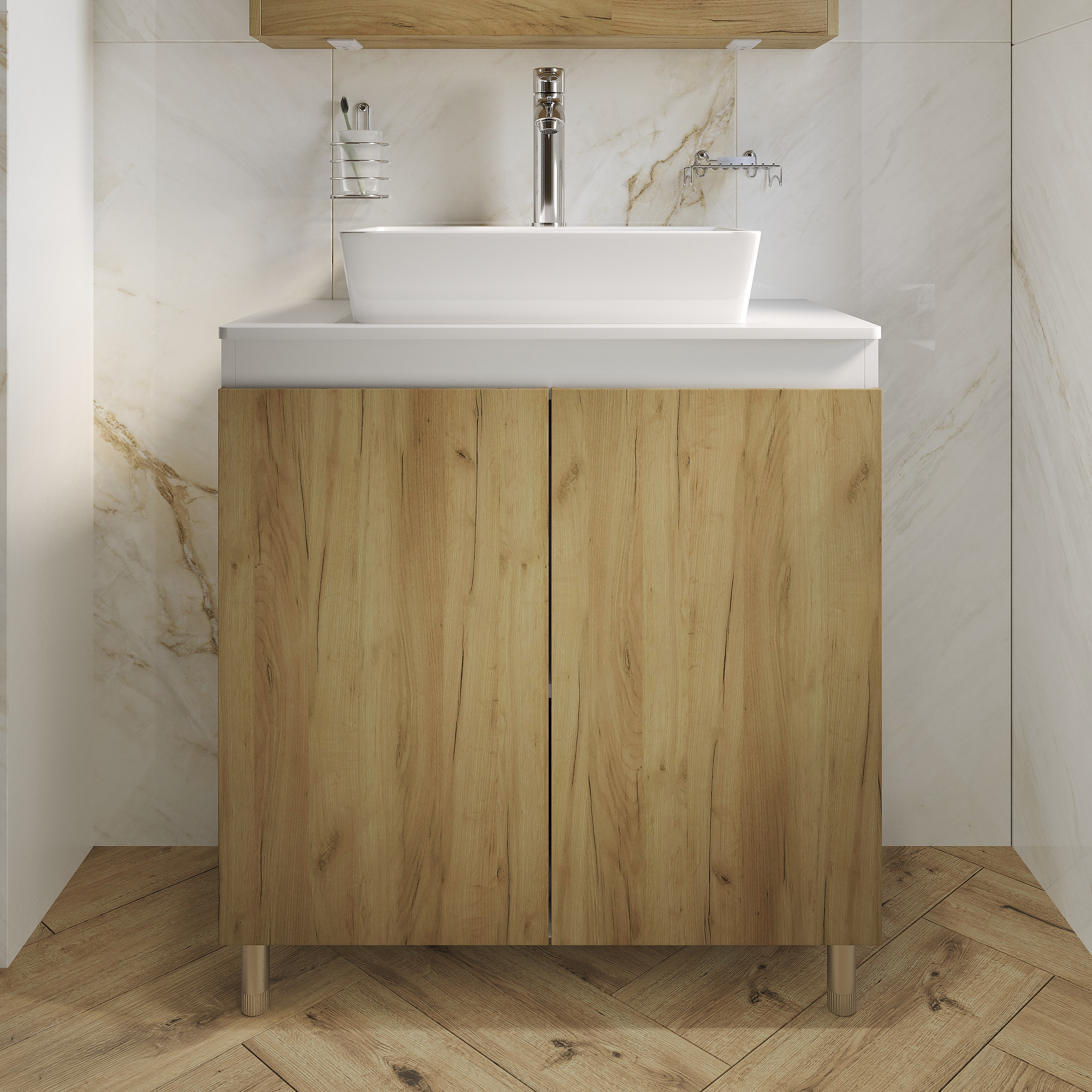 Тумба под раковину со столешницей DIWO Кострома 80 напольная, дуб крафт, белый глянец