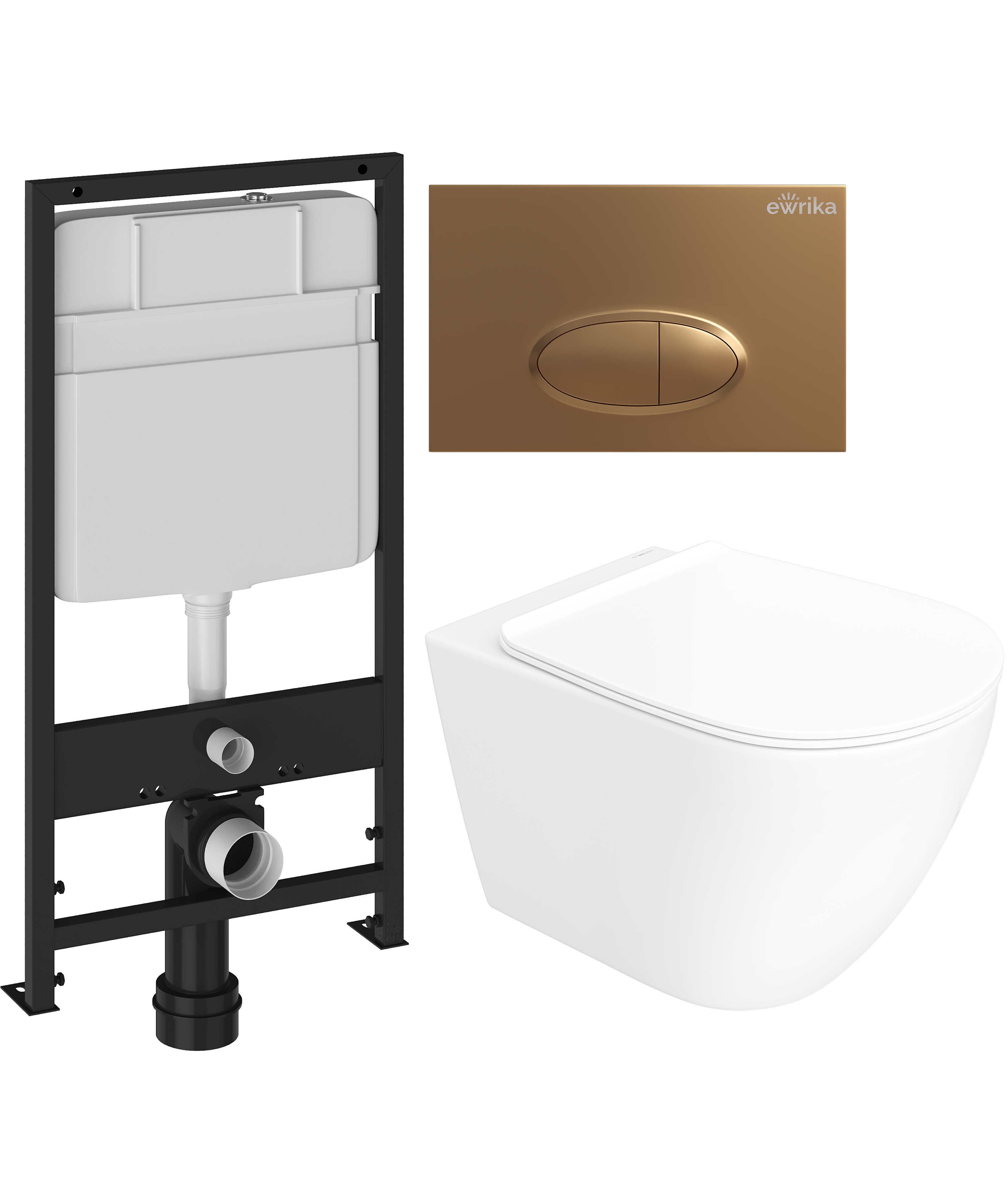 Комплект 3 в 1 Унитаз подвесной STWORKI Готланд S13401WH безободковый, с микролифтом, глянцевый белый, антивсплеск + Инсталляция EWRIKA ProLT 0026-2020 + Кнопка 0053 цвет матовое золото