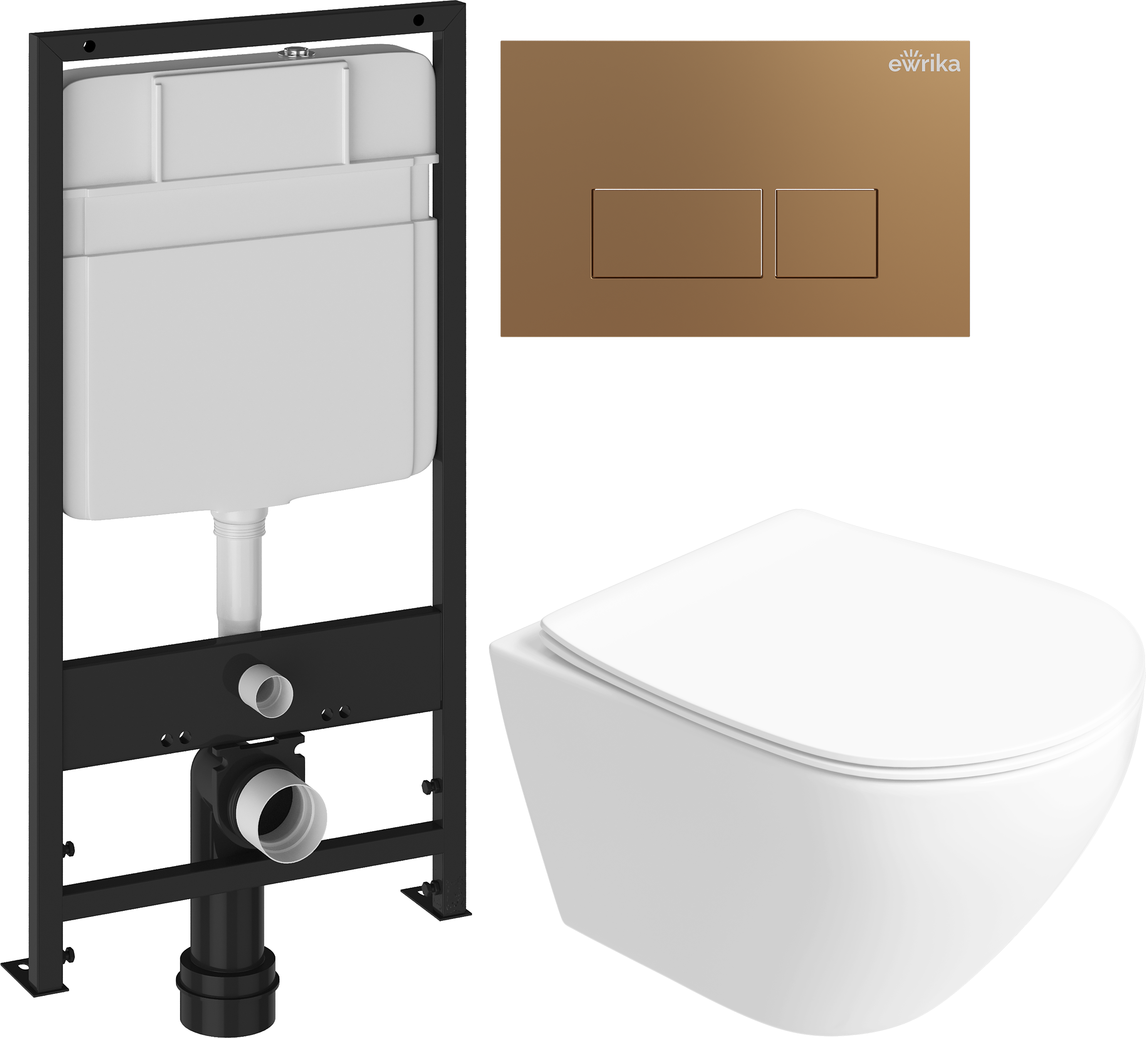Комплект 5 в 1: Инсталляция EWRIKA ProLT 0026-2020 + Унитаз подвесной STWORKI Кронборг S28401WH безободковый + Сиденье с микролифтом + Кнопка 0043 золото матовое + Крепления