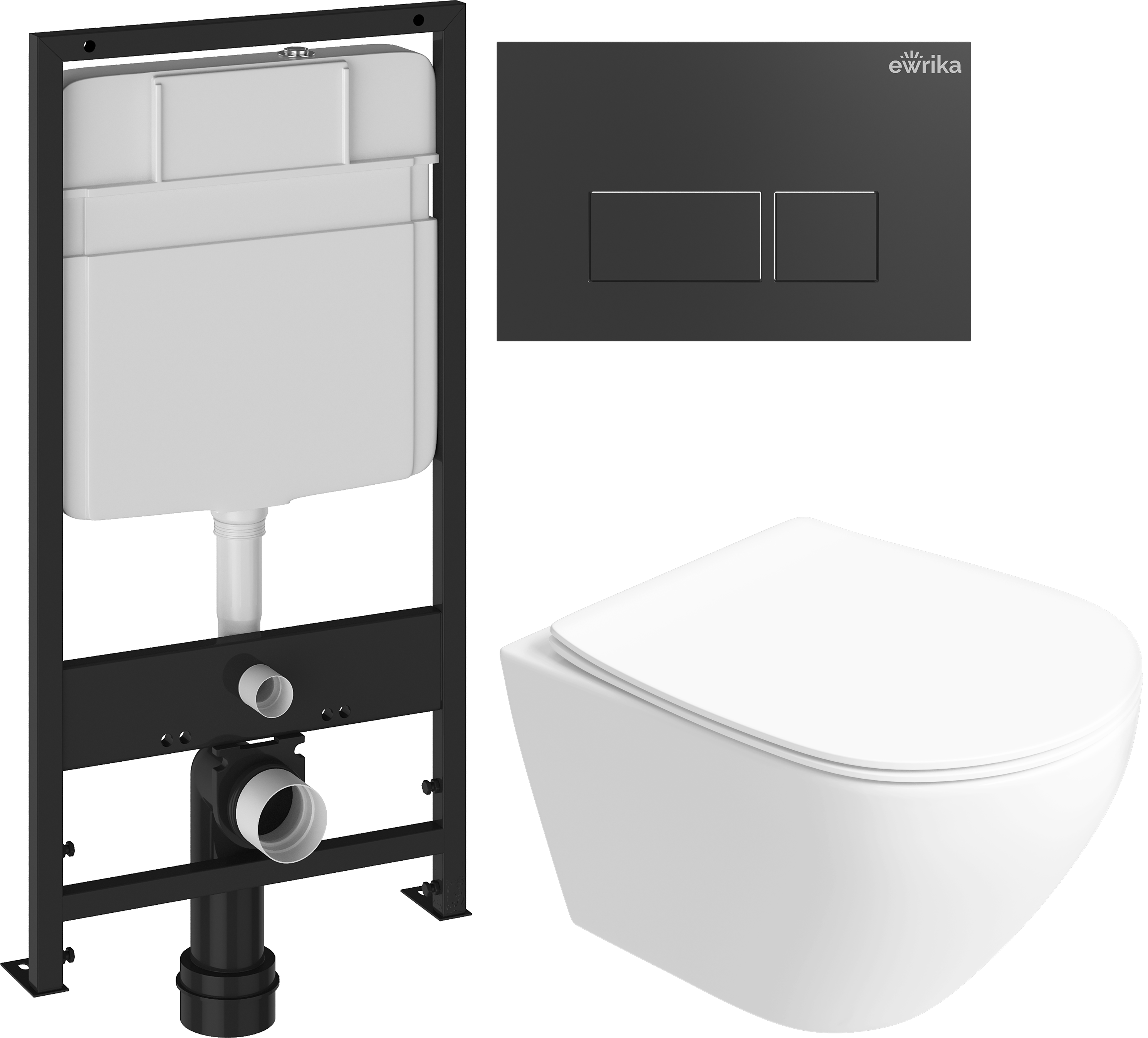 Комплект 5 в 1: Инсталляция EWRIKA ProLT 0026-2020 + Унитаз подвесной STWORKI Кронборг S28401WH безободковый + Сиденье с микролифтом + Кнопка 0044 черная матовая + Крепления