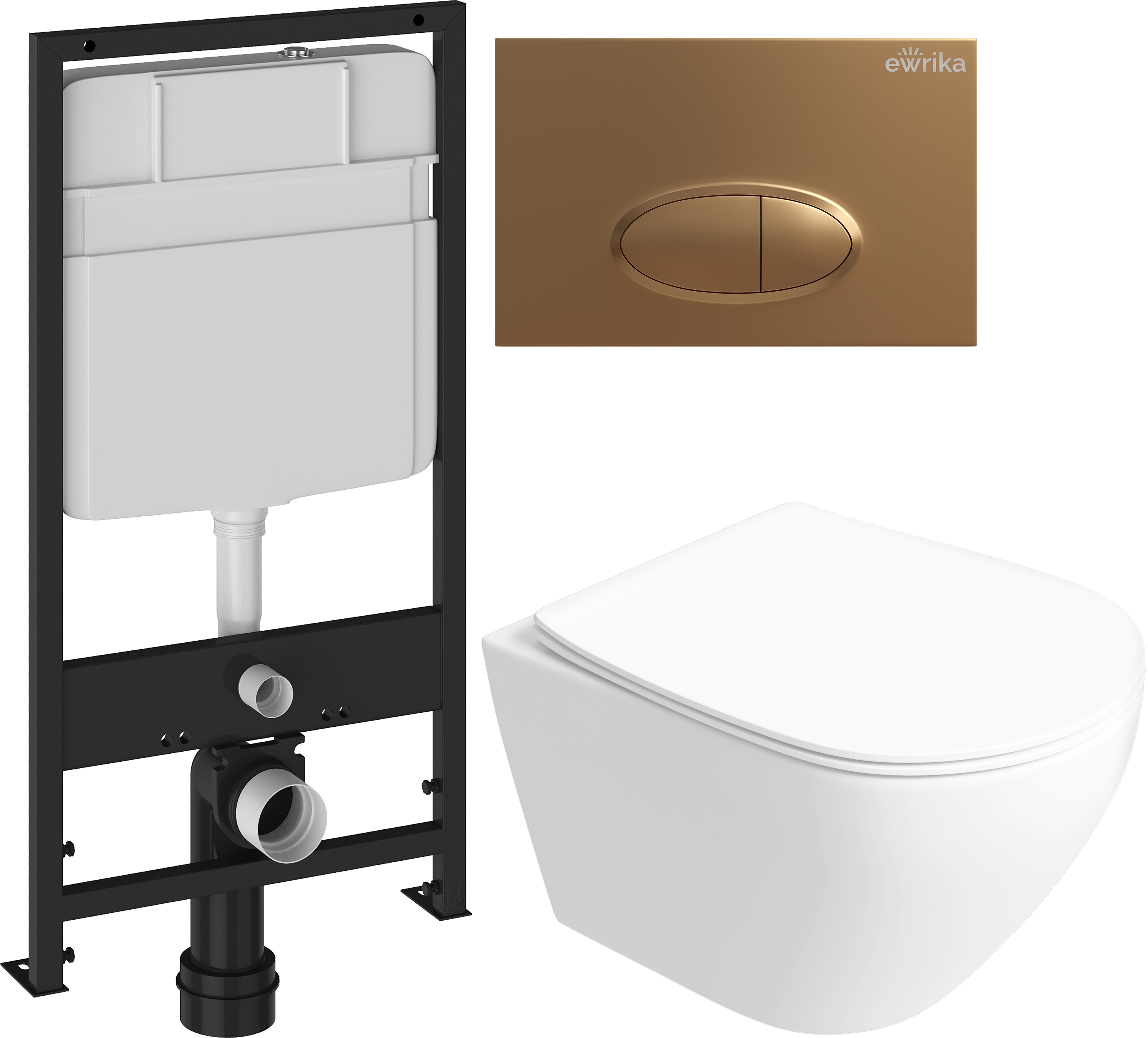 Комплект 5 в 1: Инсталляция EWRIKA ProLT 0026-2020 + Унитаз подвесной STWORKI Кронборг S28401WH безободковый + Сиденье с микролифтом + Кнопка 0053 золото матовое + Крепления