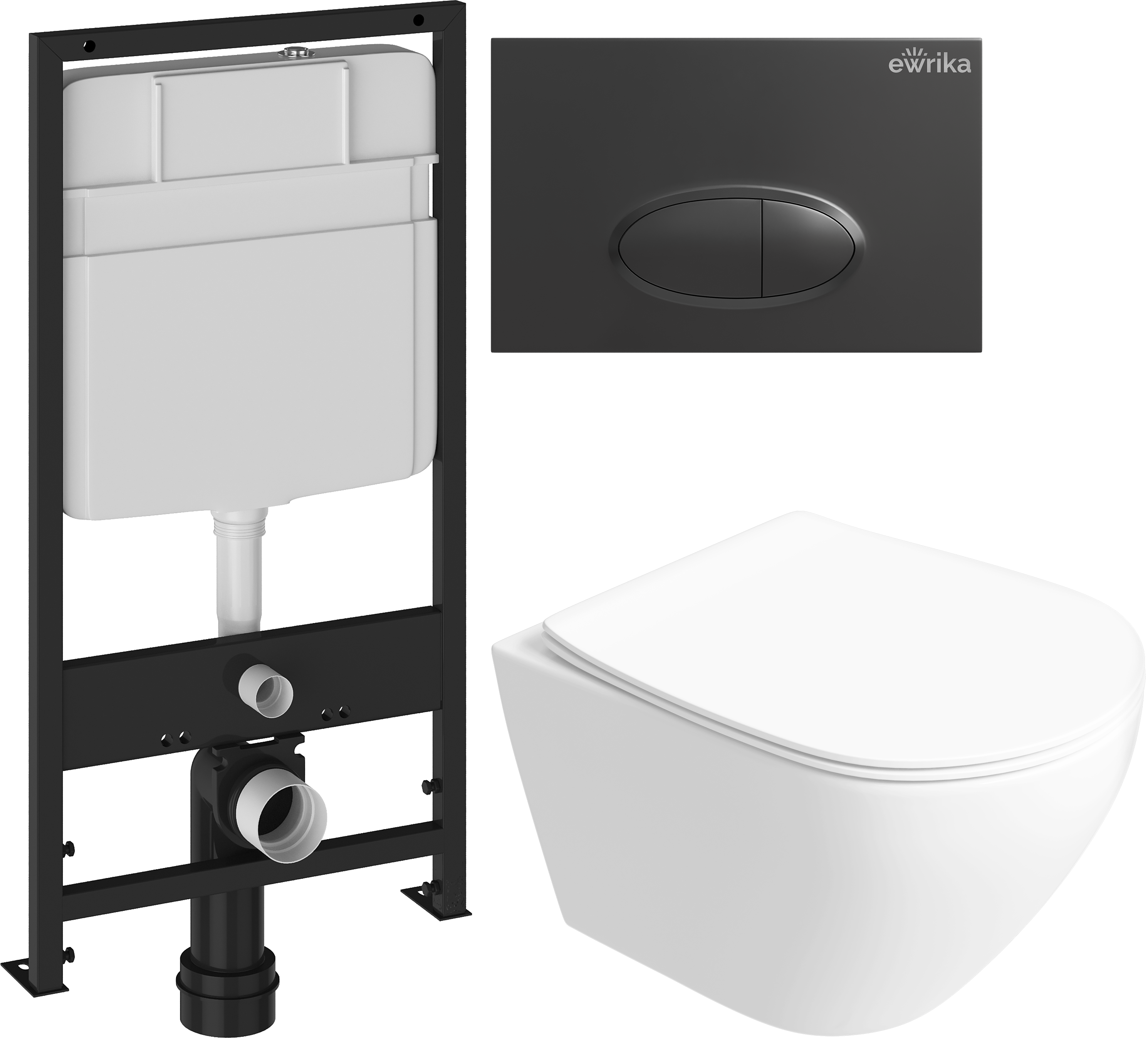 Комплект 5 в 1: Инсталляция EWRIKA ProLT 0026-2020 + Унитаз подвесной STWORKI Кронборг S28401WH безободковый + Сиденье с микролифтом + Кнопка 0054 черная матовая + Крепления