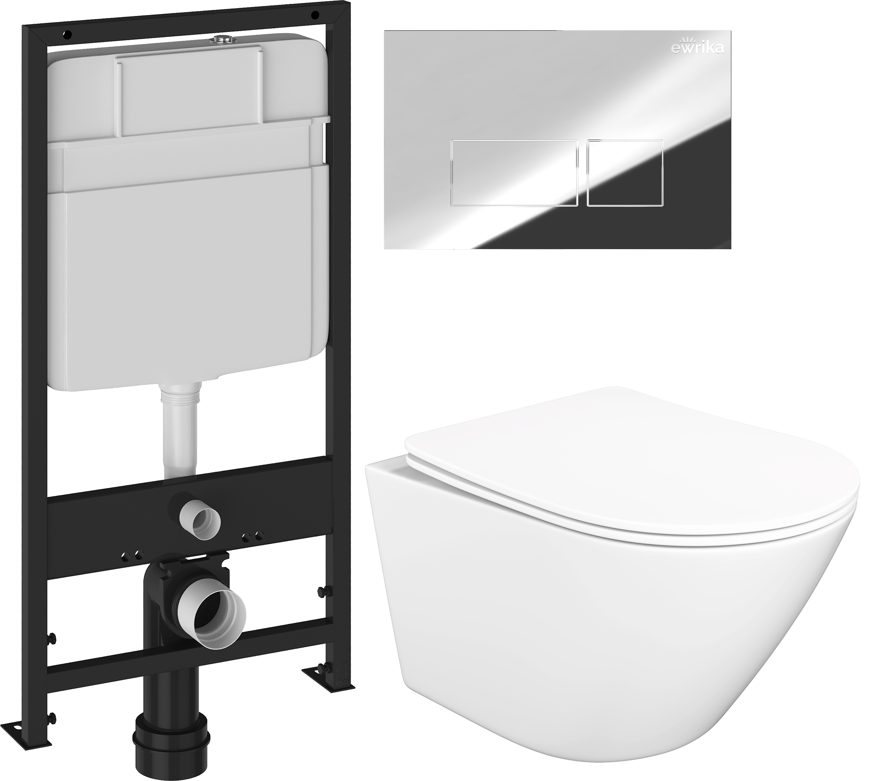Комплект 3 в 1 Унитаз подвесной STWORKI Левангер S07401WH, безободковый, смыв Торнадо, с микролифтом, антивсплеск + Инсталляция EWRIKA ProLT 0026-2020 + Кнопка 0041 цвет хром
