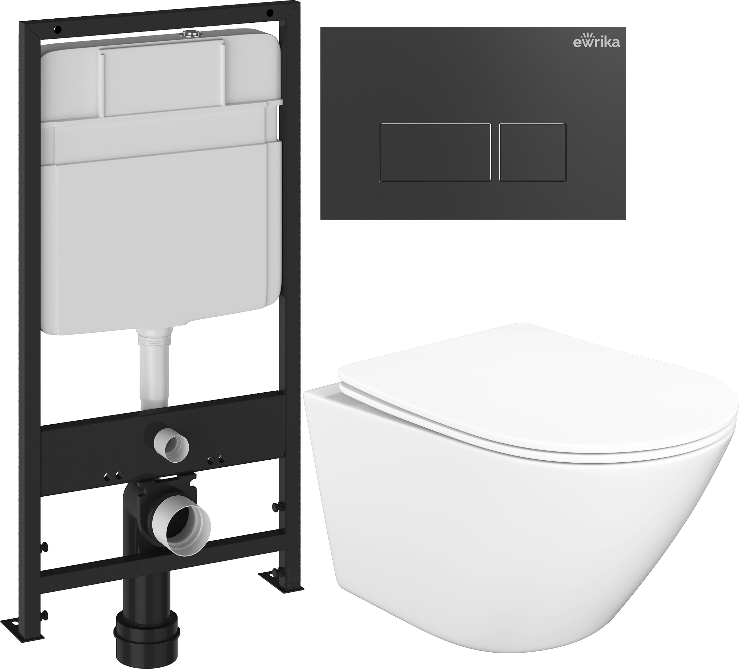 Комплект 3 в 1 Унитаз подвесной STWORKI Левангер S07401WH, безободковый, смыв Торнадо, с микролифтом, антивсплеск + Инсталляция EWRIKA ProLT 0026-2020 + Кнопка 0044 цвет матовый черный