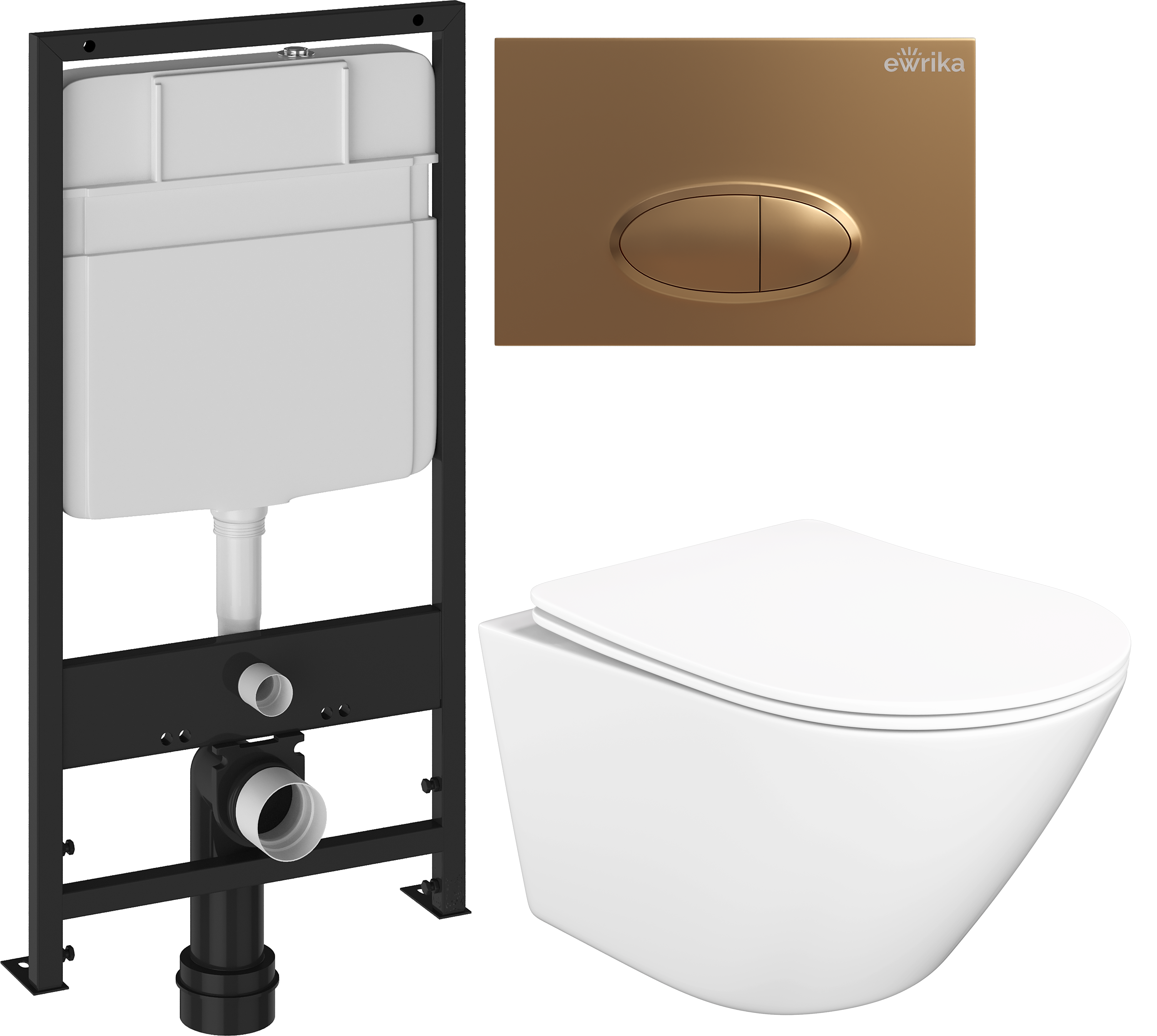 Комплект 3 в 1 Унитаз подвесной STWORKI Левангер S07401WH, безободковый, смыв Торнадо, с микролифтом, антивсплеск + Инсталляция EWRIKA ProLT 0026-2020 + Кнопка 0053 цвет матовое золото