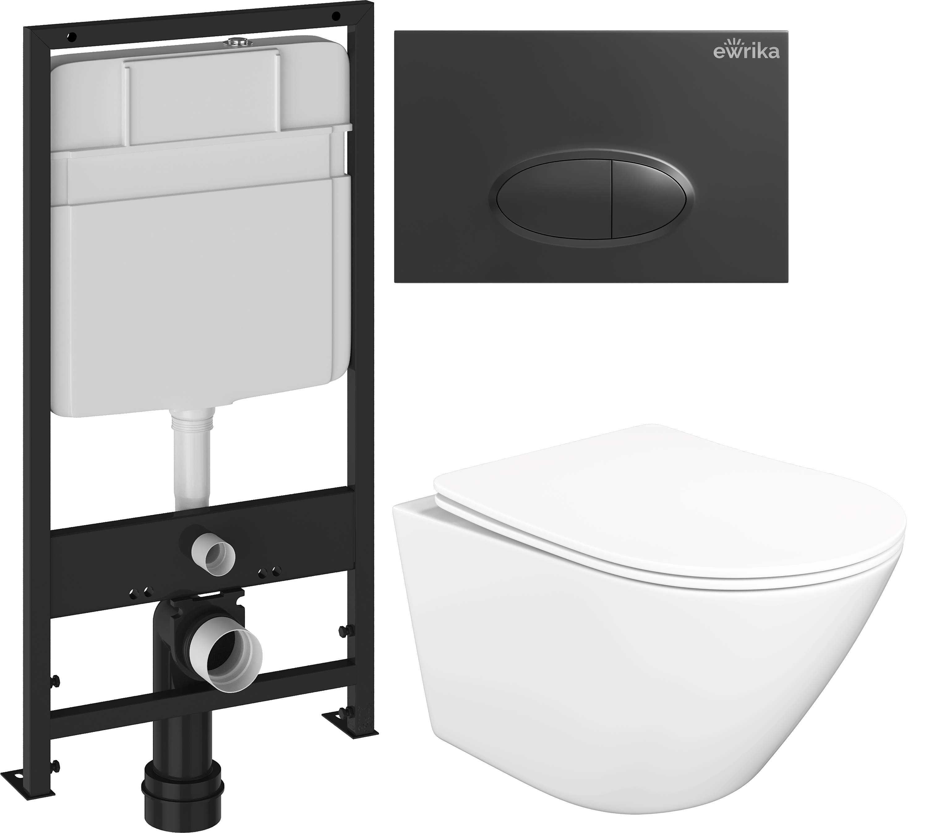 Комплект 3 в 1 Унитаз подвесной STWORKI Левангер S07401WH, безободковый, смыв Торнадо, с микролифтом, антивсплеск + Инсталляция EWRIKA ProLT 0026-2020 + Кнопка 0054 цвет матовый черный