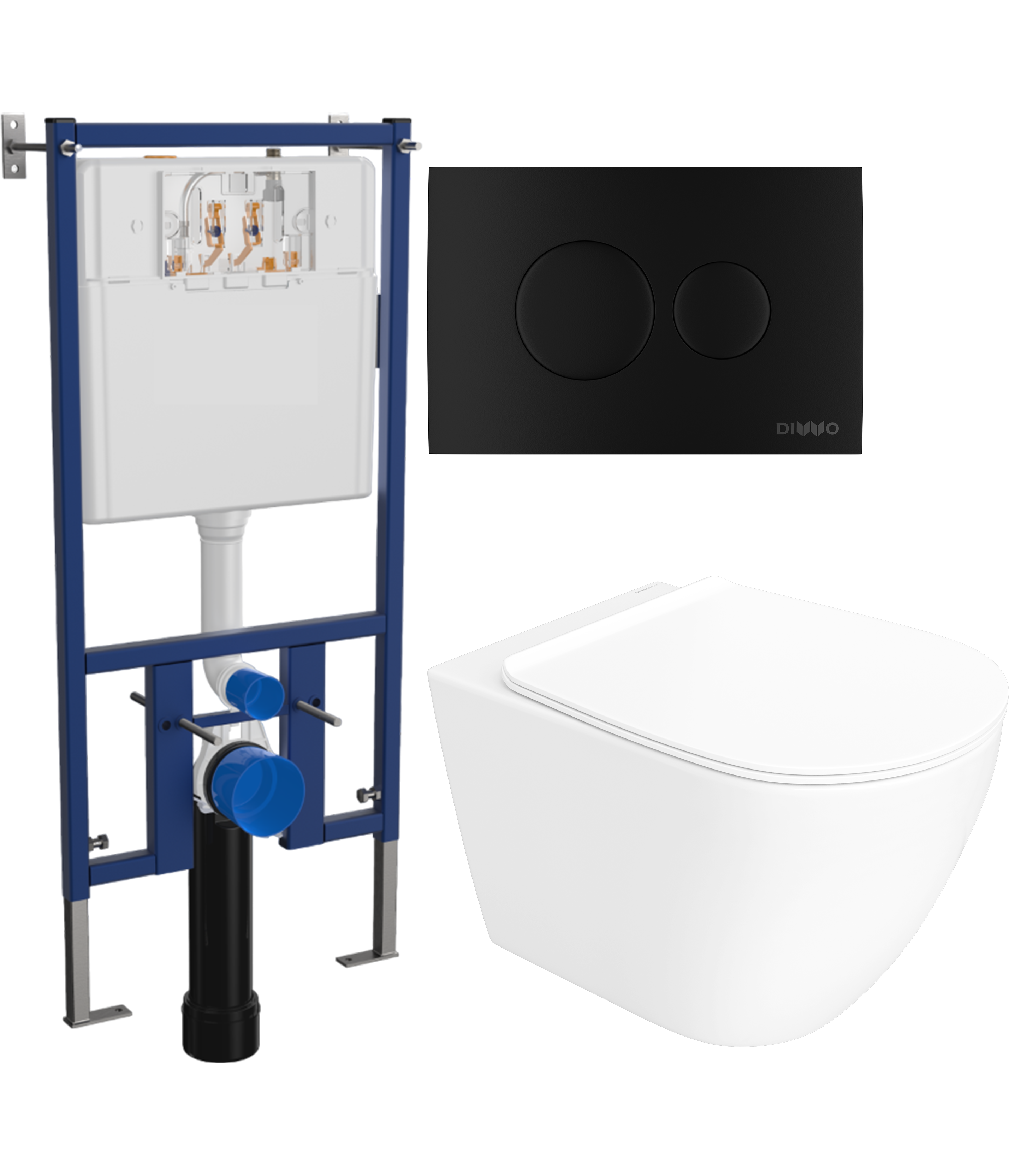 Комплект 3 в 1 Унитаз подвесной STWORKI Готланд S13401WH безободковый, с микролифтом, глянцевый белый, антивсплеск + Инсталляция DIWO 4501 + Кнопка 7313 цвет матовый черный