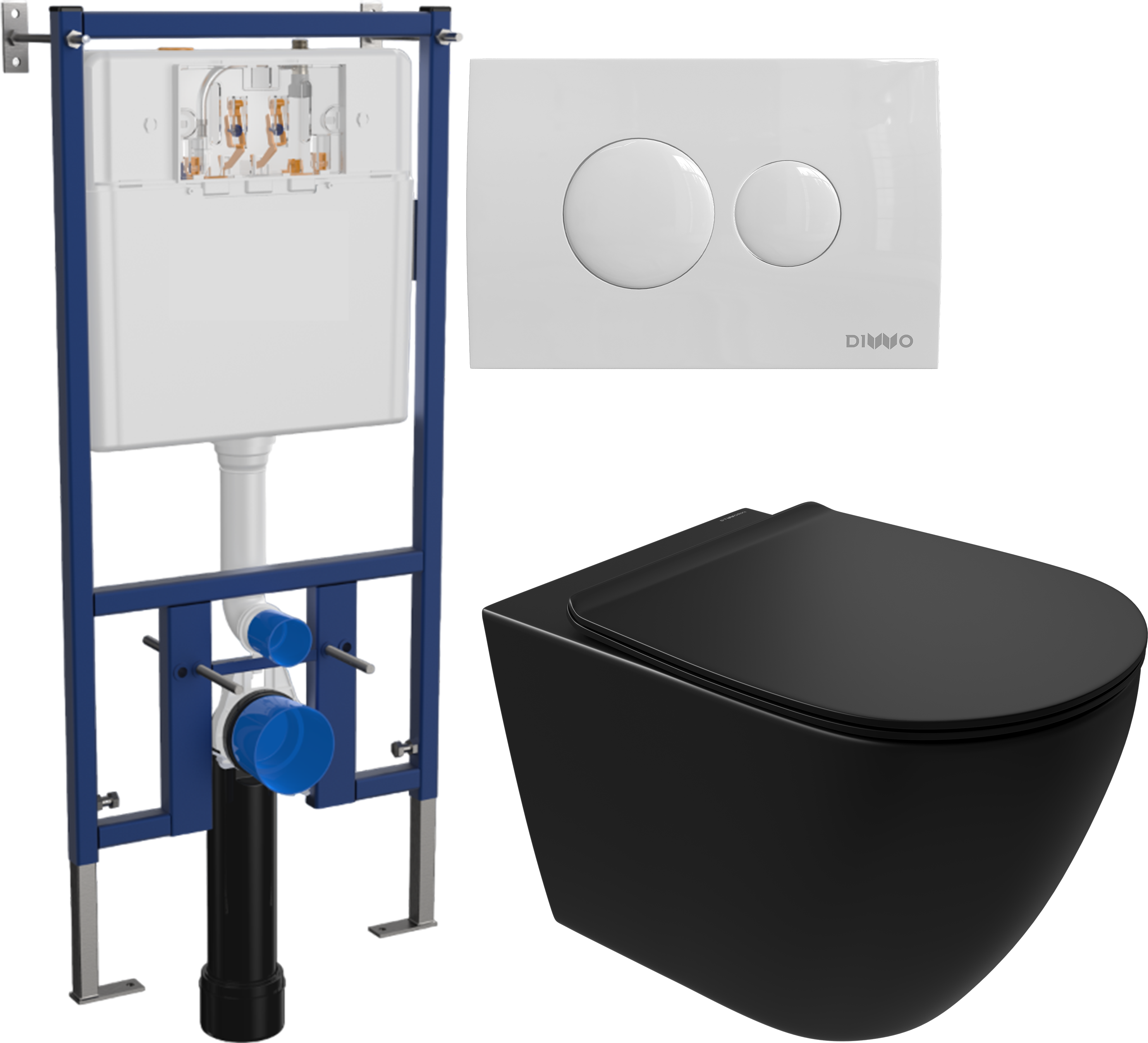 Комплект 3 в 1 Унитаз подвесной STWORKI Готланд S13401BK безободковый, с микролифтом, глянцевый черный, антивсплеск + Инсталляция DIWO 4501 + Кнопка 7310 цвет глянцевый белый