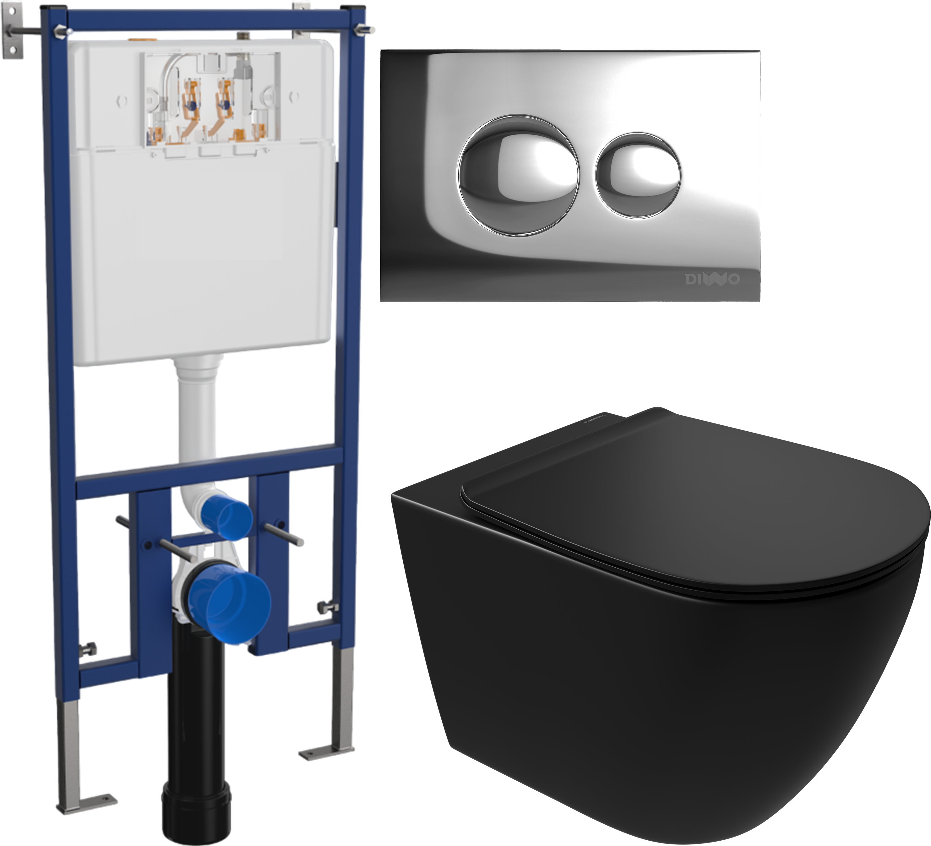 Комплект 3 в 1 Унитаз подвесной STWORKI Готланд S13401BK безободковый, с микролифтом, глянцевый черный, антивсплеск + Инсталляция DIWO 4501 + Кнопка 7312 цвет хром