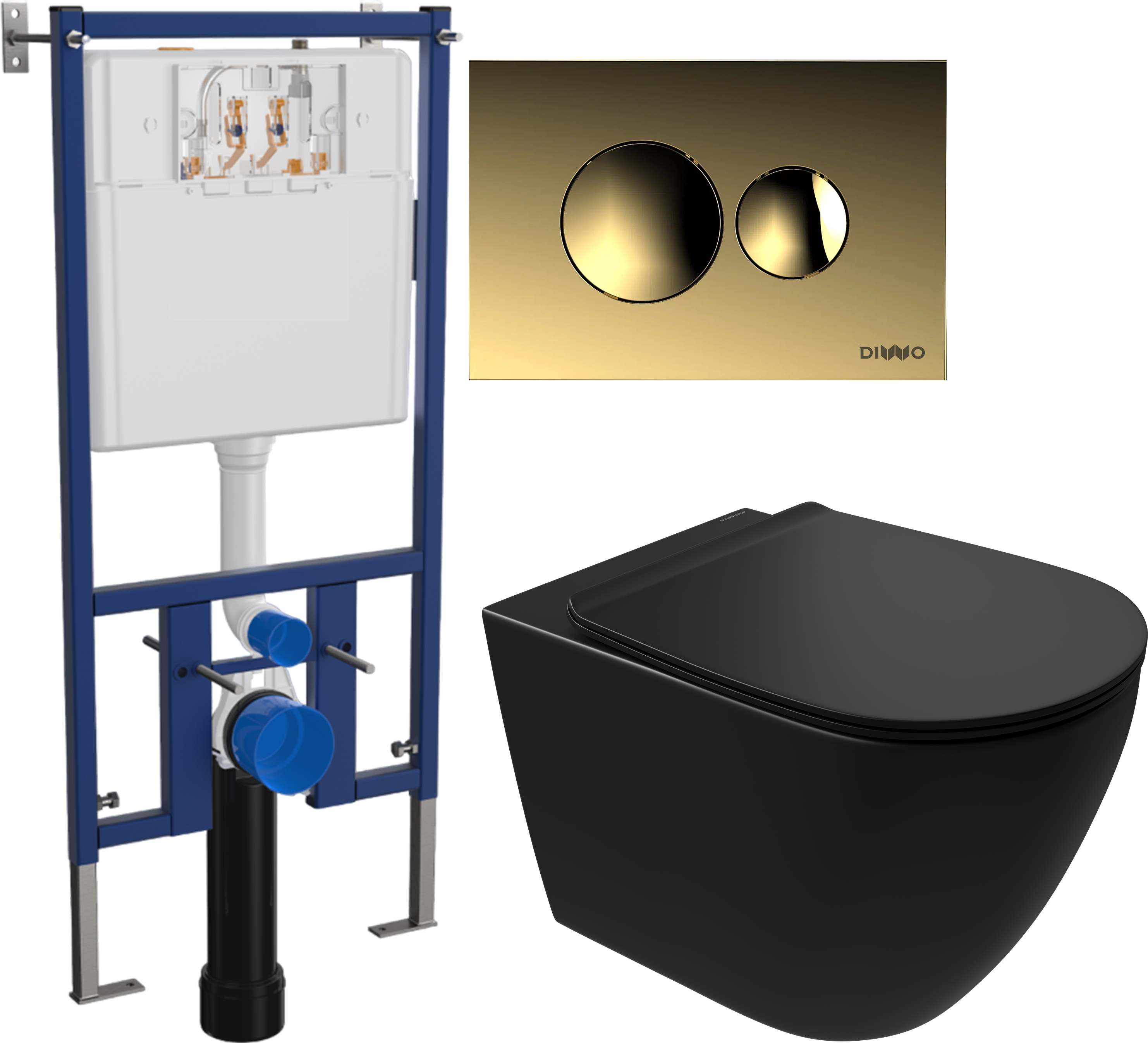 Комплект 3 в 1 Унитаз подвесной STWORKI Готланд S13401BK безободковый, с микролифтом, глянцевый черный, антивсплеск + Инсталляция DIWO 4501 + Кнопка 7315 цвет матовое золото
