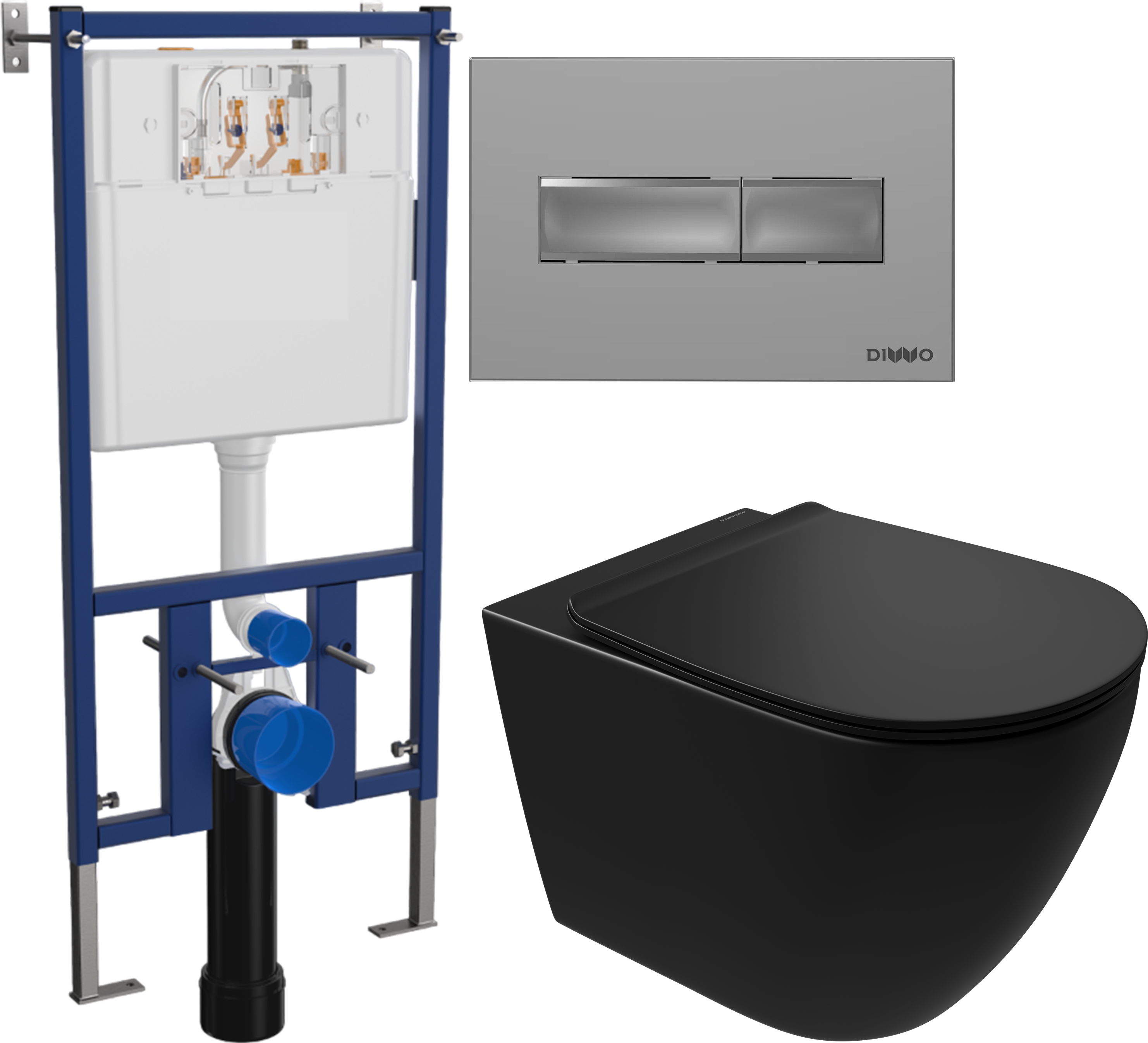 Комплект 3 в 1 Унитаз подвесной STWORKI Готланд S13401BK безободковый, с микролифтом, глянцевый черный, антивсплеск + Инсталляция DIWO 4501 + Кнопка 7321 цвет матовый хром
