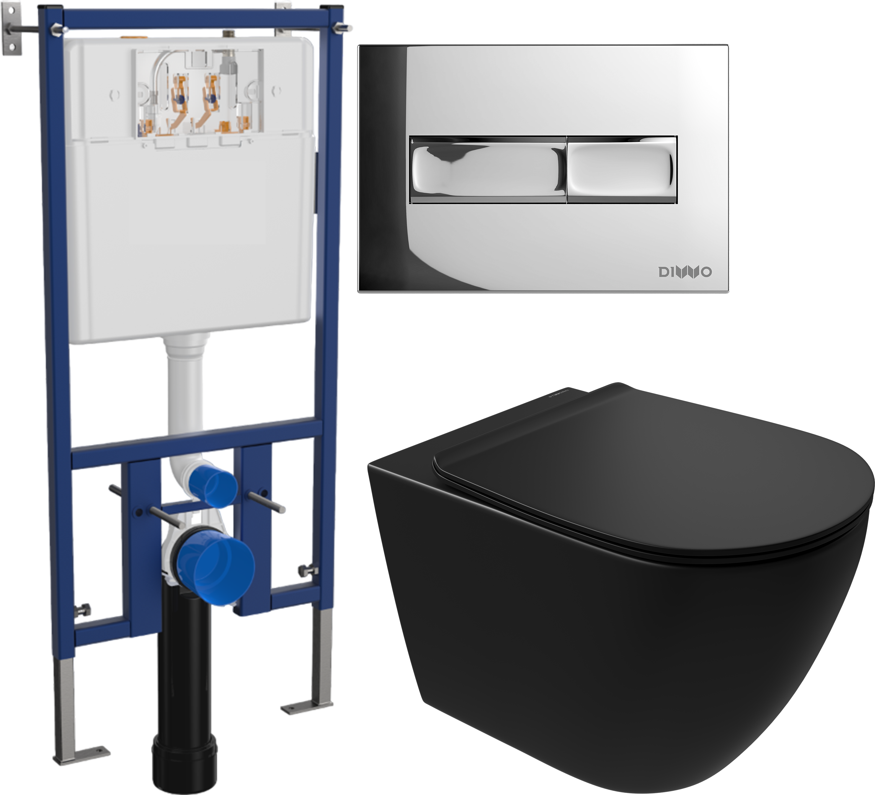 Комплект 3 в 1 Унитаз подвесной STWORKI Готланд S13401BK безободковый, с микролифтом, глянцевый черный, антивсплеск + Инсталляция DIWO 4501 + Кнопка 7322 цвет глянцевый хром