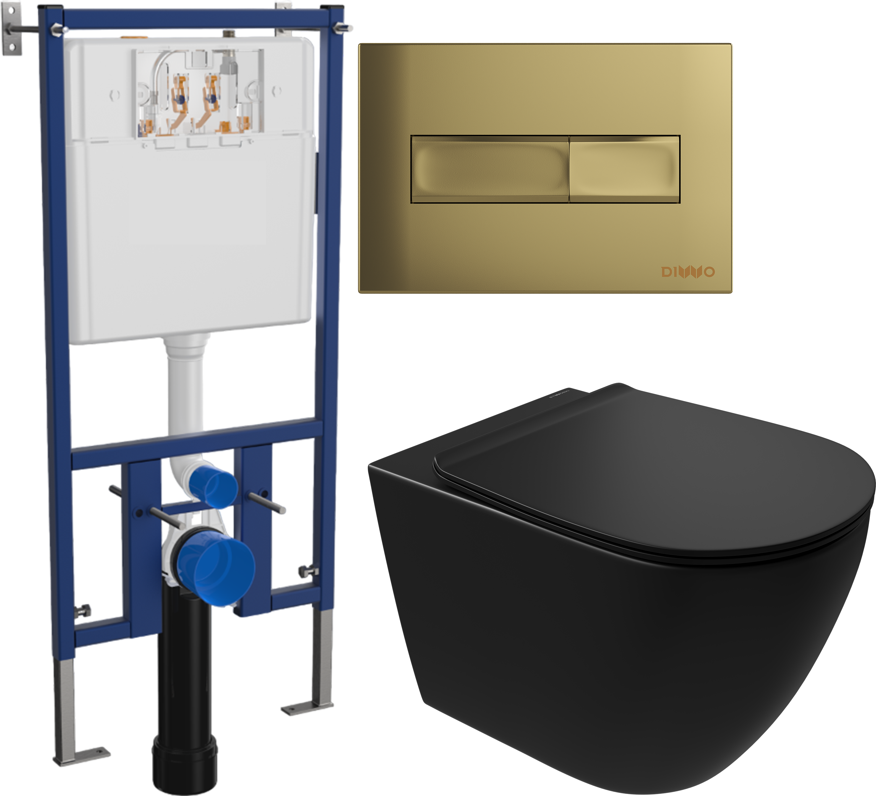Комплект 3 в 1 Унитаз подвесной STWORKI Готланд S13401BK безободковый, с микролифтом, глянцевый черный, антивсплеск + Инсталляция DIWO 4501 + Кнопка 7325 цвет матовое золото