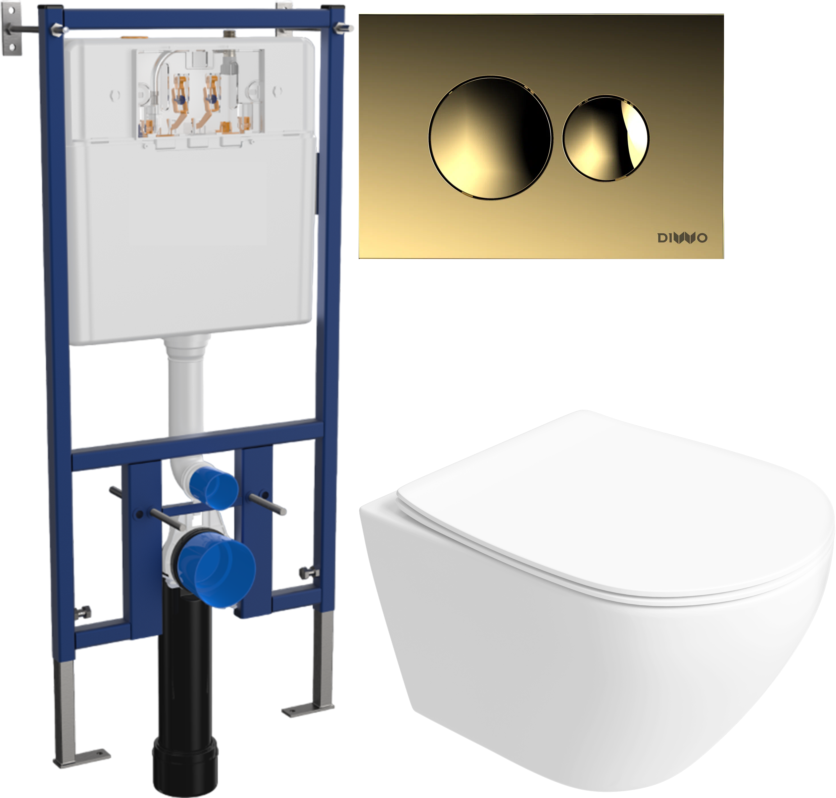 Комплект 6 в 1: Инсталляция DIWO 4501 + Унитаз подвесной Кронборг S28401WH безободковый + Сиденье с микролифтом + Кнопка 7315 золотая + Комплект шумоизоляции, креплений