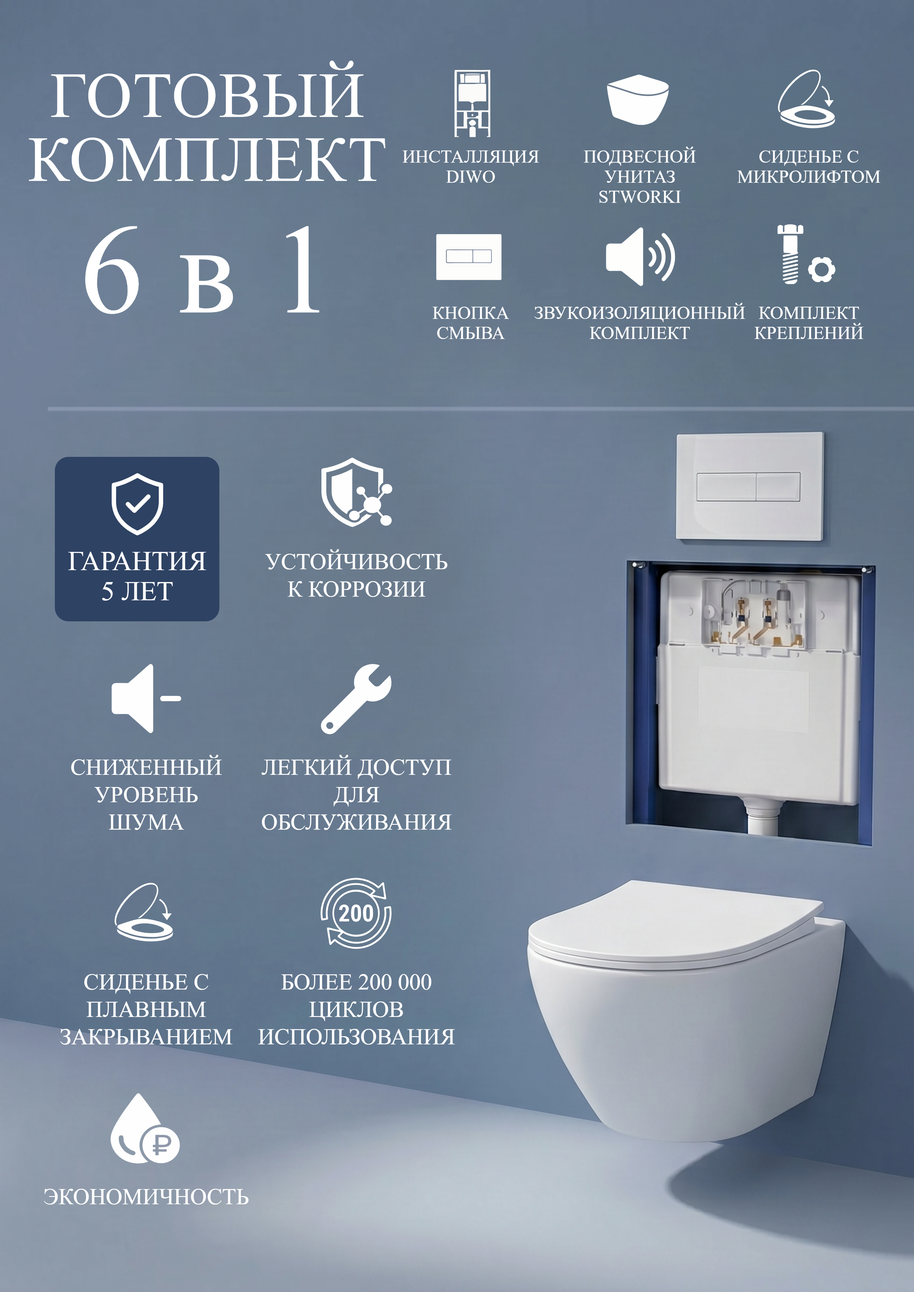 Комплект 6 в 1: Инсталляция DIWO 4501 + Унитаз подвесной Кронборг S28401WH безободковый + Сиденье с микролифтом + Кнопка 7320 белая + Комплект шумоизоляции, креплений