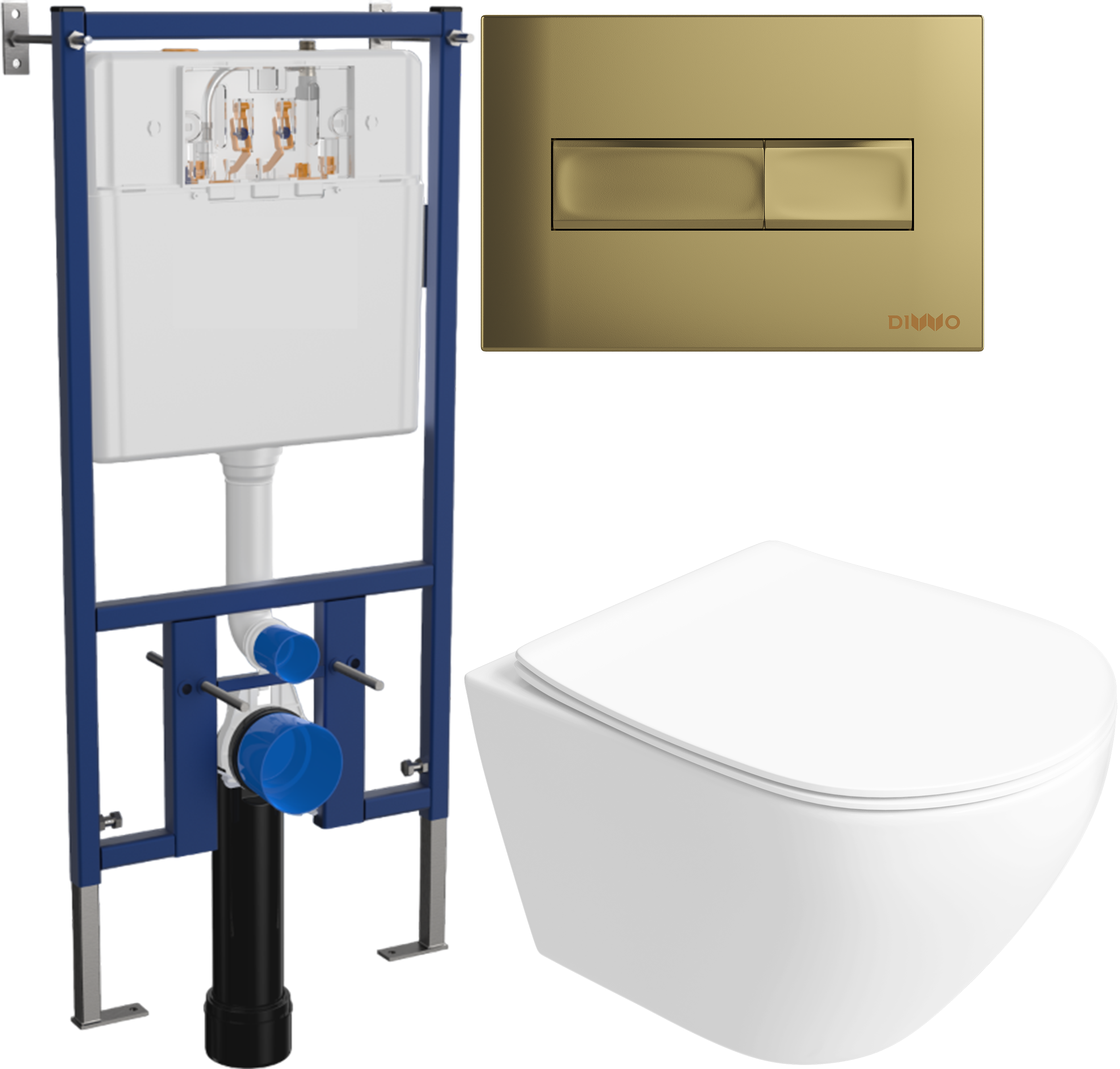 Комплект 6 в 1: Инсталляция DIWO 4501 + Унитаз подвесной Кронборг S28401WH безободковый + Сиденье с микролифтом + Кнопка 7325 золотая + Комплект шумоизоляции, креплений