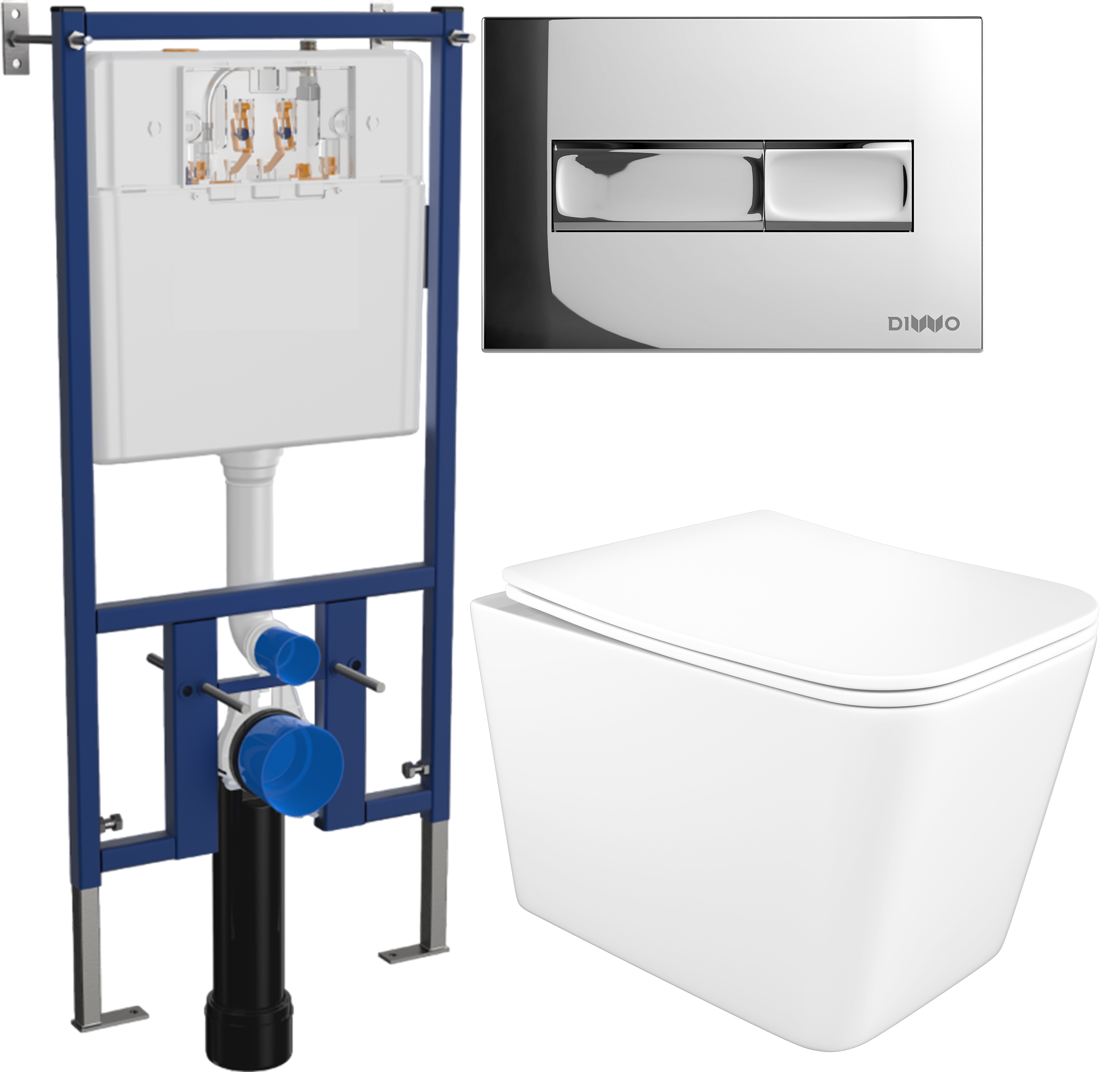 Комплект 3 в 1 Унитаз подвесной STWORKI Молде S23401WH безободковый, с микролифтом, антивсплеск + Инсталляция DIWO 4501 + Кнопка 7322 цвет глянцевый хром