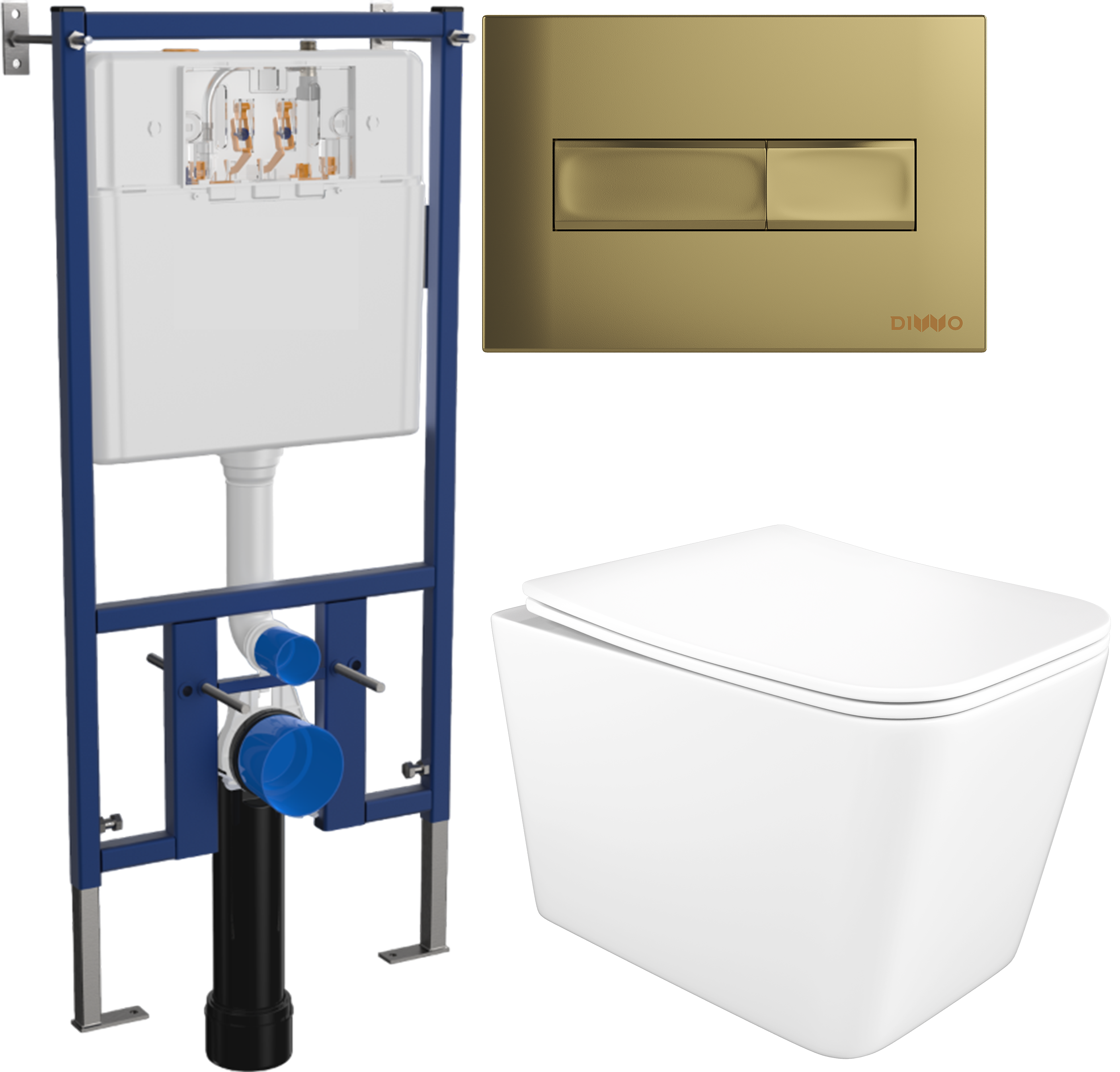 Комплект 3 в 1 Унитаз подвесной STWORKI Молде S23401WH безободковый, с микролифтом, антивсплеск + Инсталляция DIWO 4501 + Кнопка 7325 цвет матовое золото