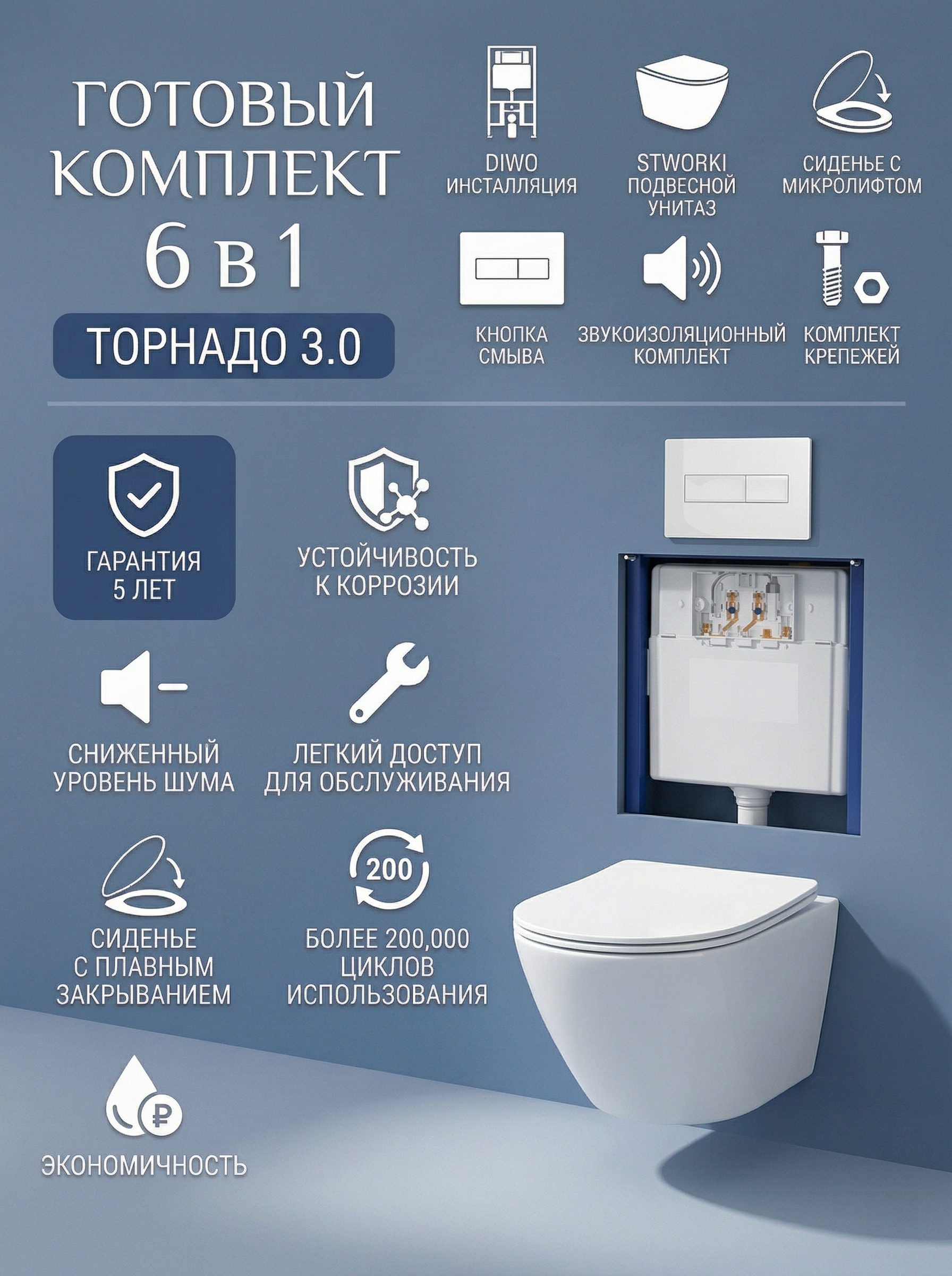 Комплект 6 в 1: Инсталляция DIWO 4501 + Унитаз подвесной STWORKI Левангер S07401WH + Сиденье с микролифтом + Кнопка 7320 белая + Комплект шумоизоляции, креплений