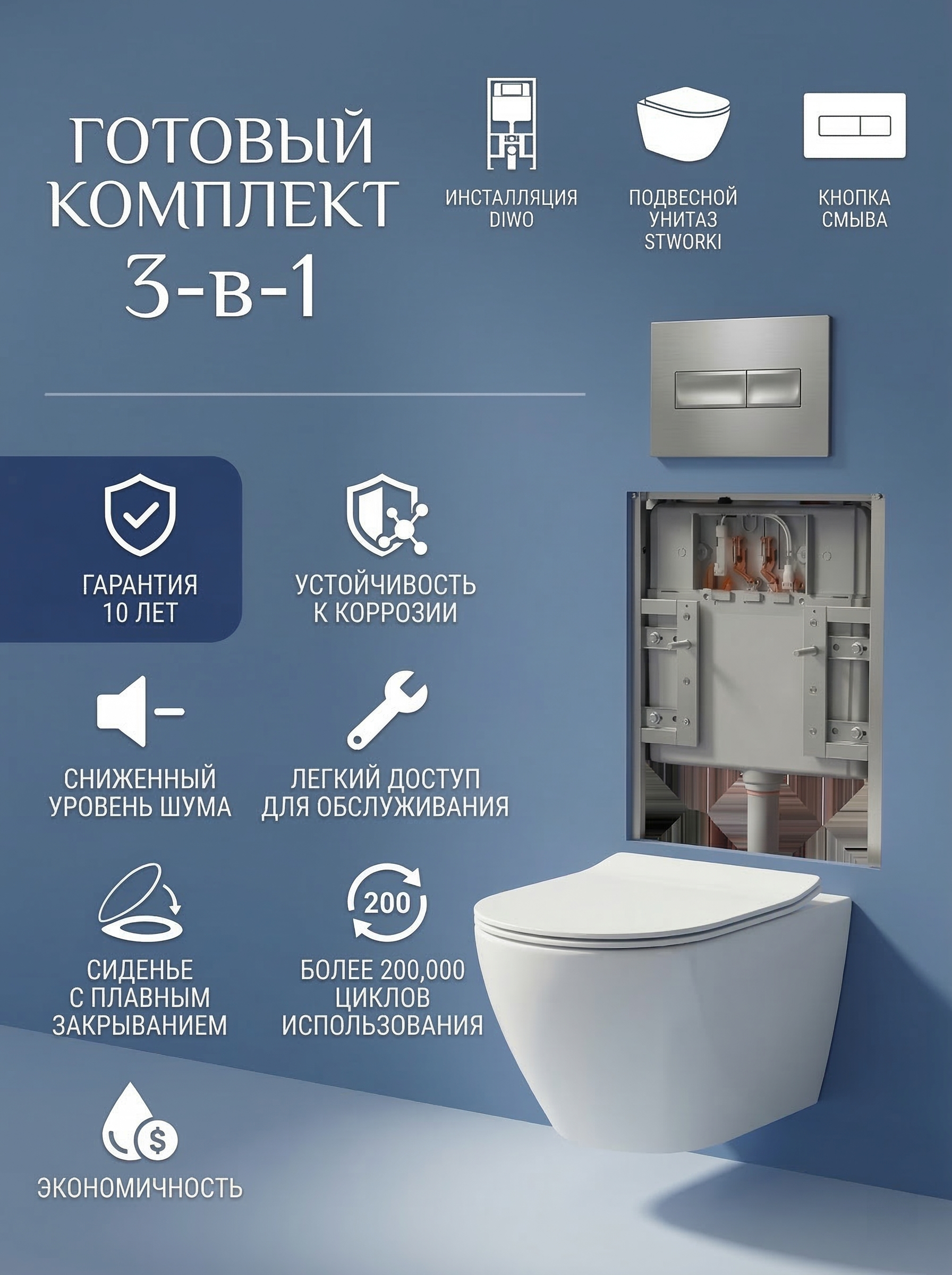 Комплект 3 в 1 Унитаз подвесной STWORKI Левангер S07401WH, безободковый, смыв Торнадо, с микролифтом, антивсплеск + Инсталляция DIWO 4501 + Кнопка 7321 цвет матовый хром