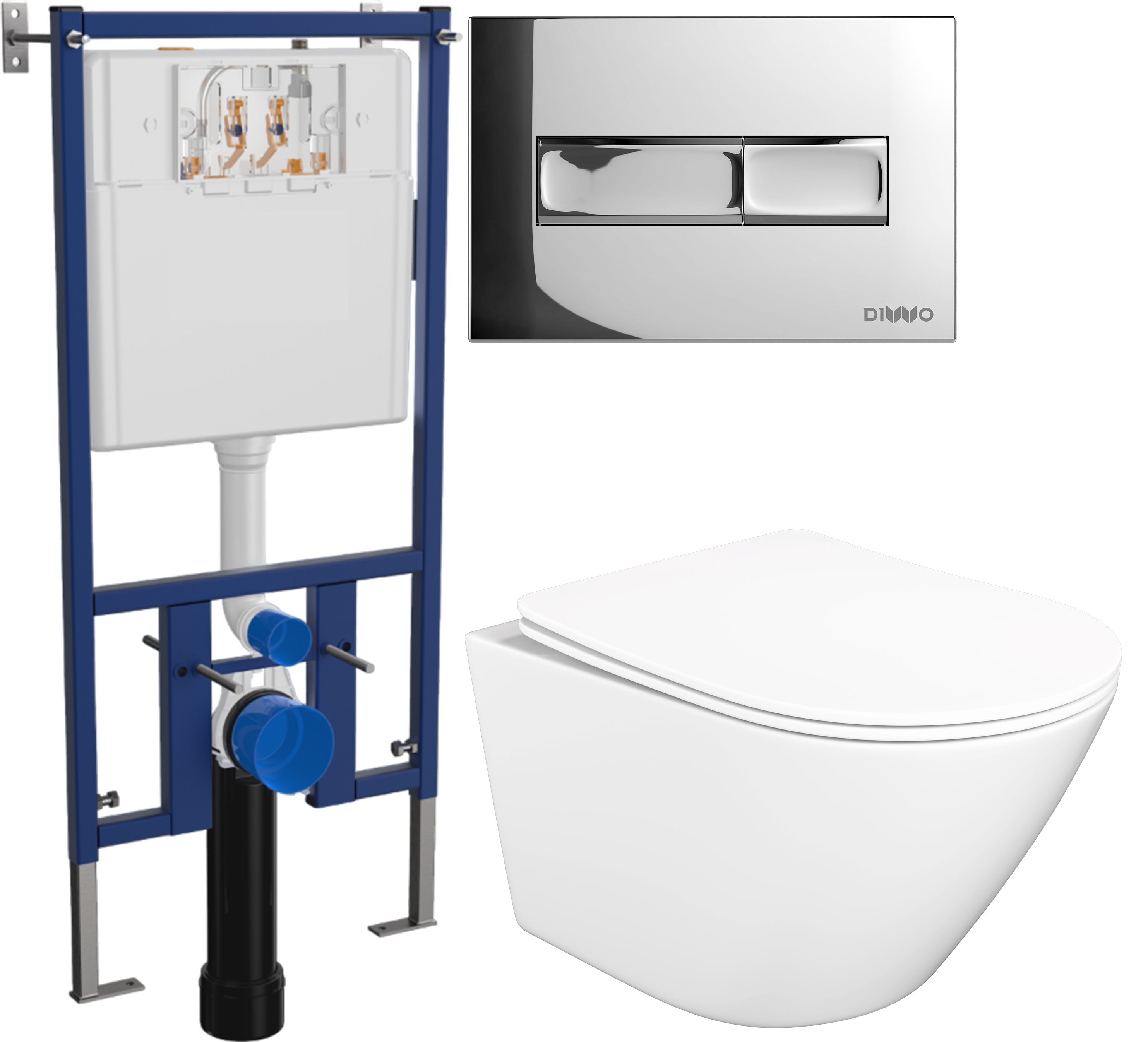 Комплект 3 в 1 Унитаз подвесной STWORKI Левангер S07401WH безободковый, смыв Торнадо, с микролифтом, антивсплеск + Инсталляция DIWO 4501 + Кнопка 7322 цвет глянцевый хром