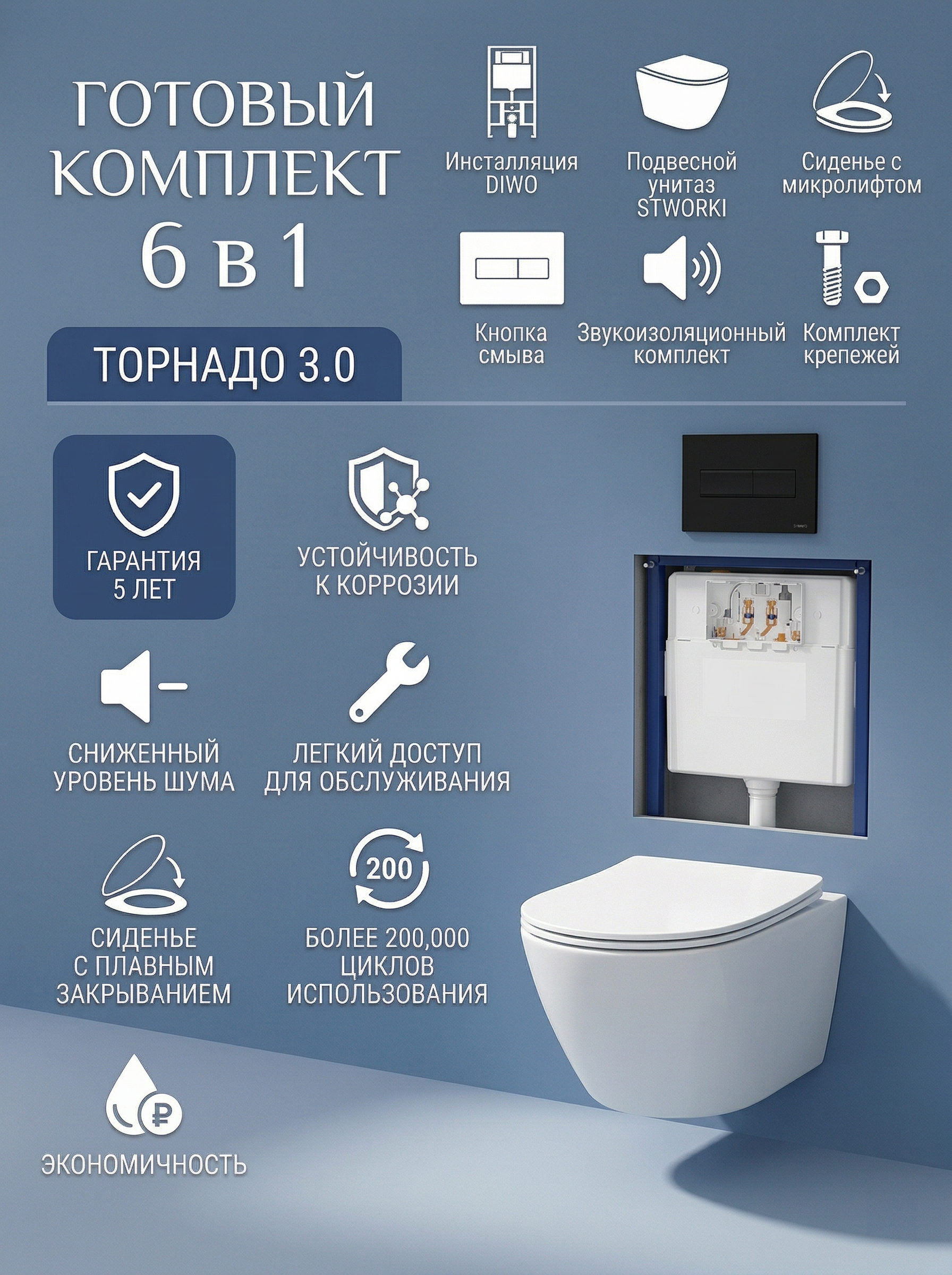 Комплект 6 в 1: Инсталляция DIWO 4501 + Унитаз подвесной STWORKI Левангер S07401WH + Сиденье с микролифтом + Кнопка 7323 черная матовая + Комплект шумоизоляции, креплений