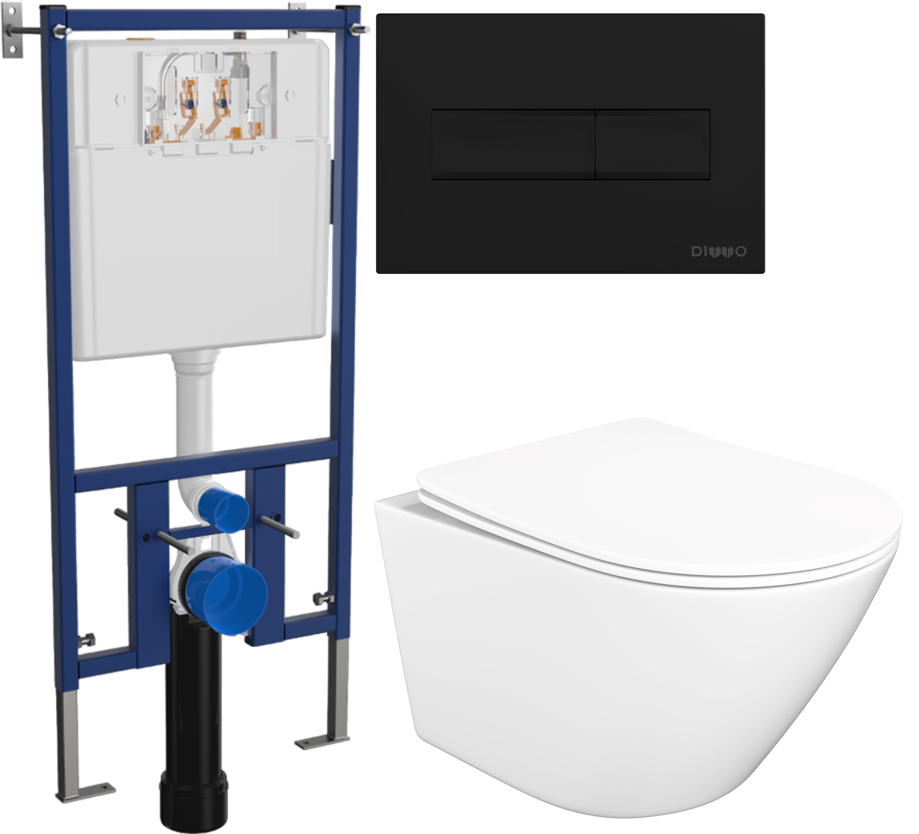 Комплект 3 в 1 Унитаз подвесной STWORKI Левангер S07401WH безободковый, смыв Торнадо, с микролифтом, антивсплеск + Инсталляция DIWO 4501 + Кнопка 7323 цвет матовый черный