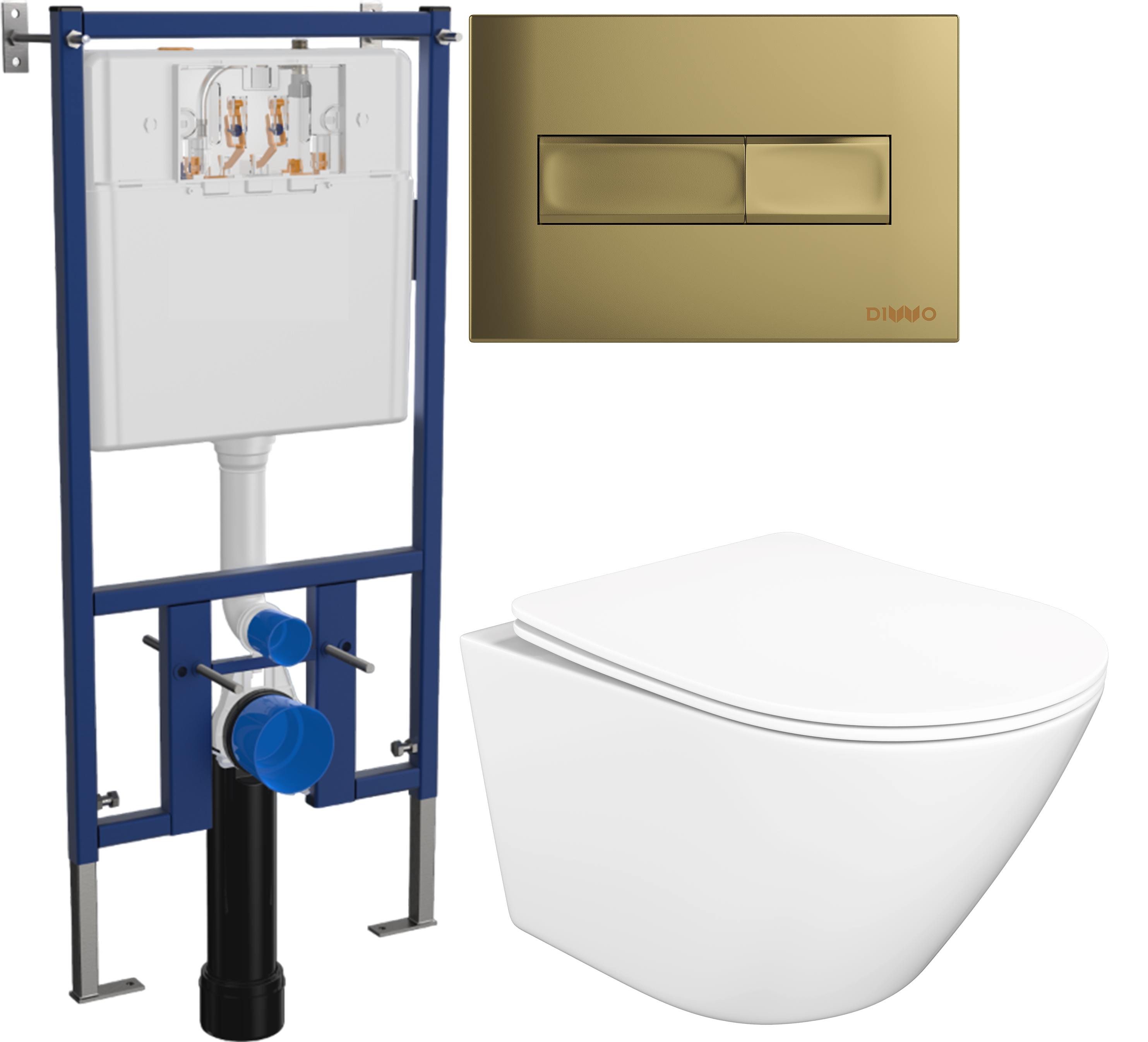 Комплект 3 в 1 Унитаз подвесной STWORKI Левангер S07401WH безободковый, смыв Торнадо, с микролифтом, антивсплеск + Инсталляция DIWO 4501 + Кнопка 7325 цвет матовое золото