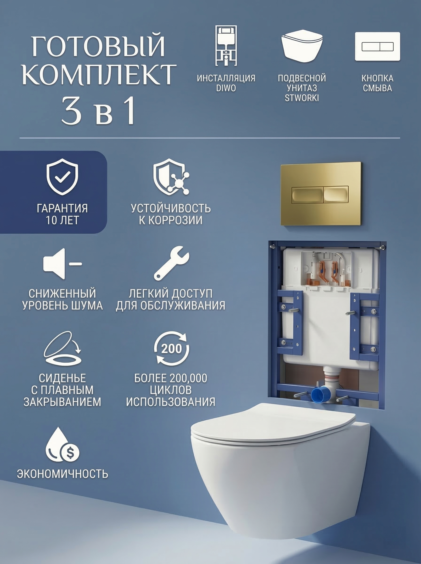Комплект 3 в 1 Унитаз подвесной STWORKI Левангер S07401WH, безободковый, смыв Торнадо, с микролифтом, антивсплеск + Инсталляция DIWO 4501 + Кнопка 7325 цвет матовое золото