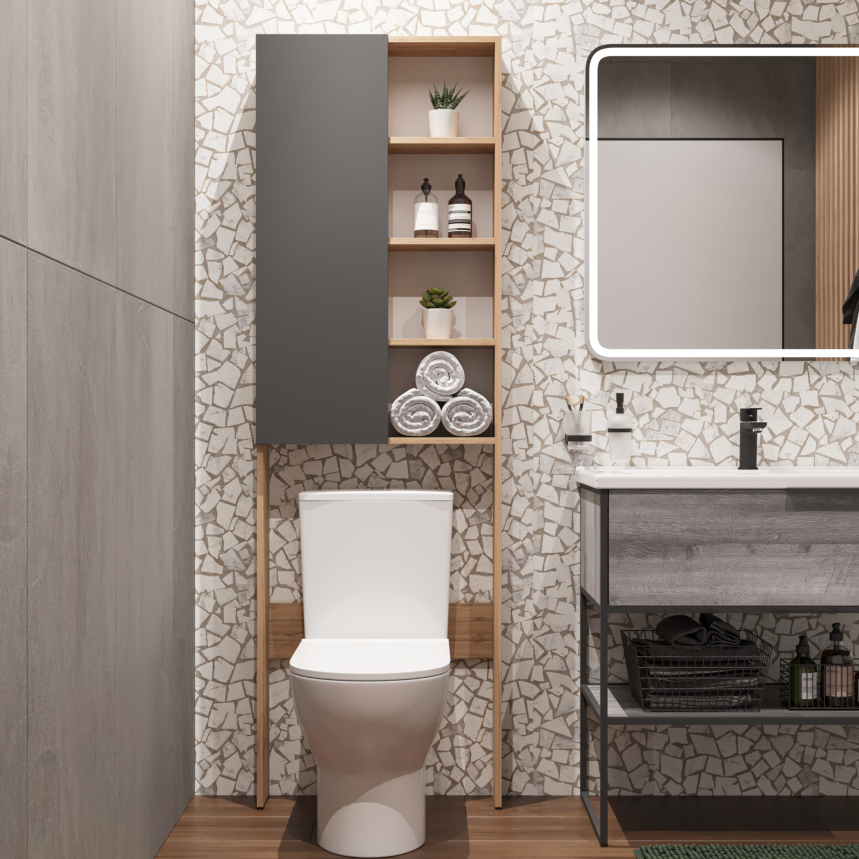 Шкаф-пенал для ванной DIWO Суздаль 60 напольный для туалета, узкий, 60x15x190 см, дуб вотан, антрацит