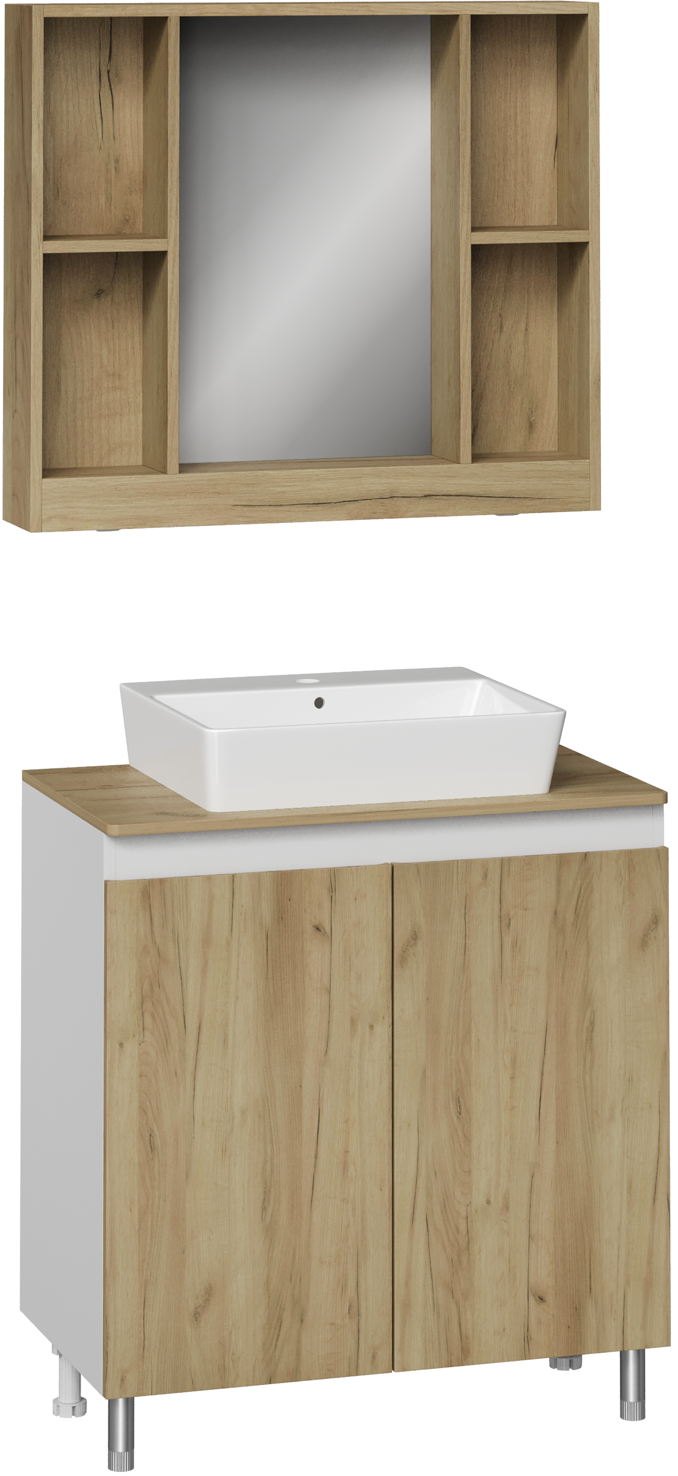 Мебель для ванной комнаты DIWO Кострома 80 напольная, дуб крафт, столешница дуб крафт, раковина Архангельск 50, зеркало Кострома