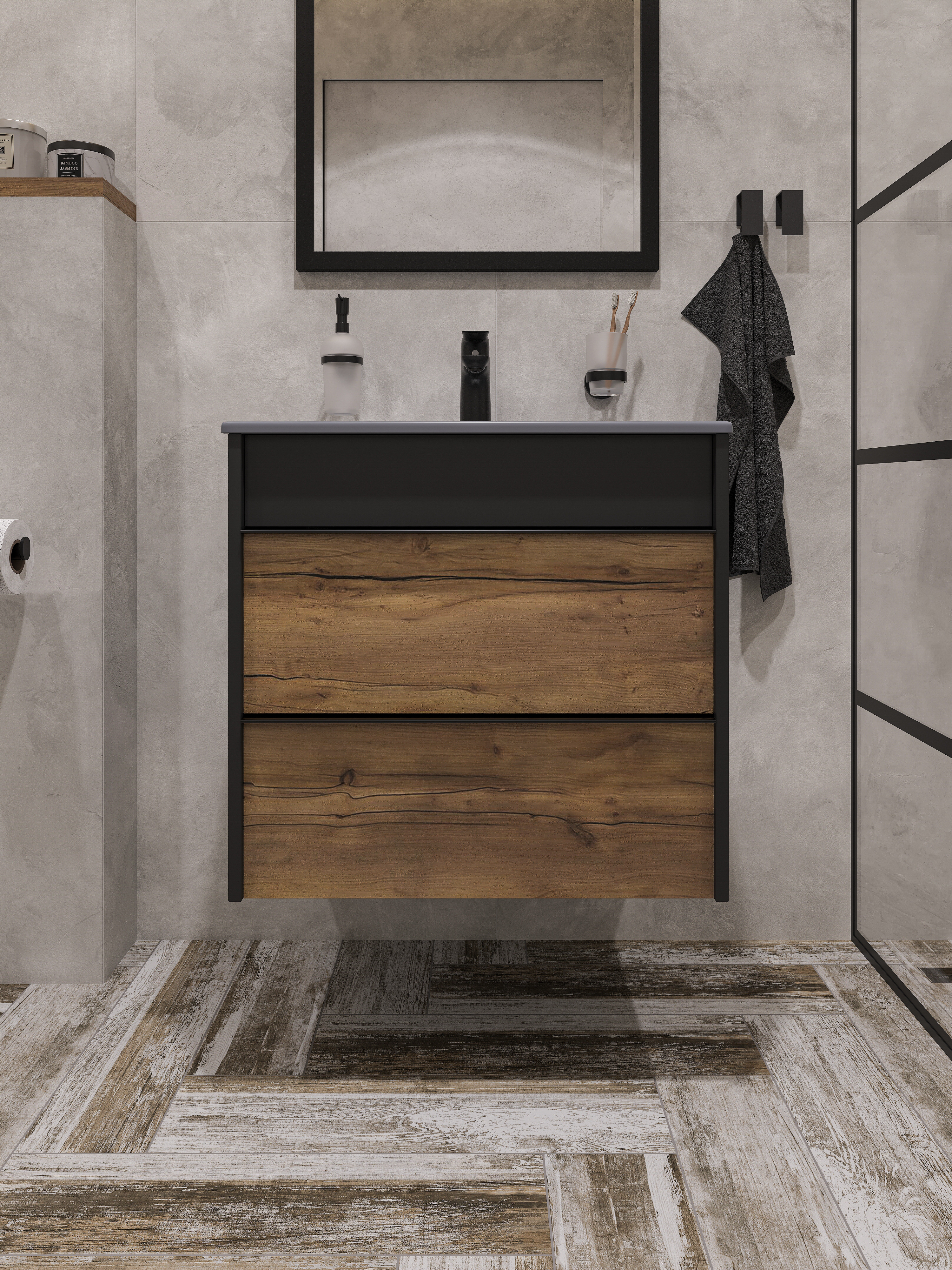 Тумба с раковиной STWORKI Гриндстед 60 дуб таксония, антрацит матовый, раковина 43061-112-KL антрацит