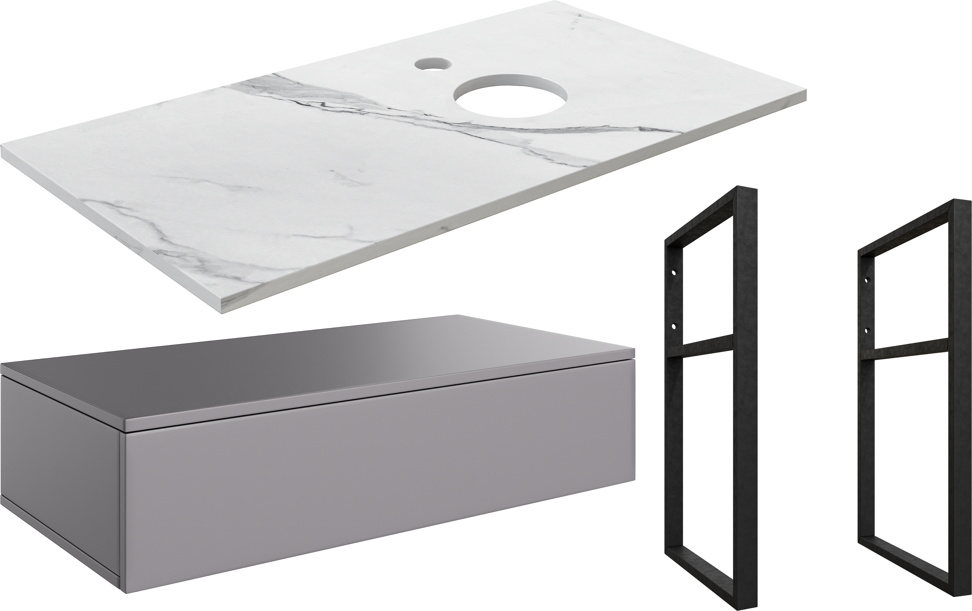 Тумба под раковину со столешницей DIWO Элиста 100, отверстие справа, антрацит, белый мрамор