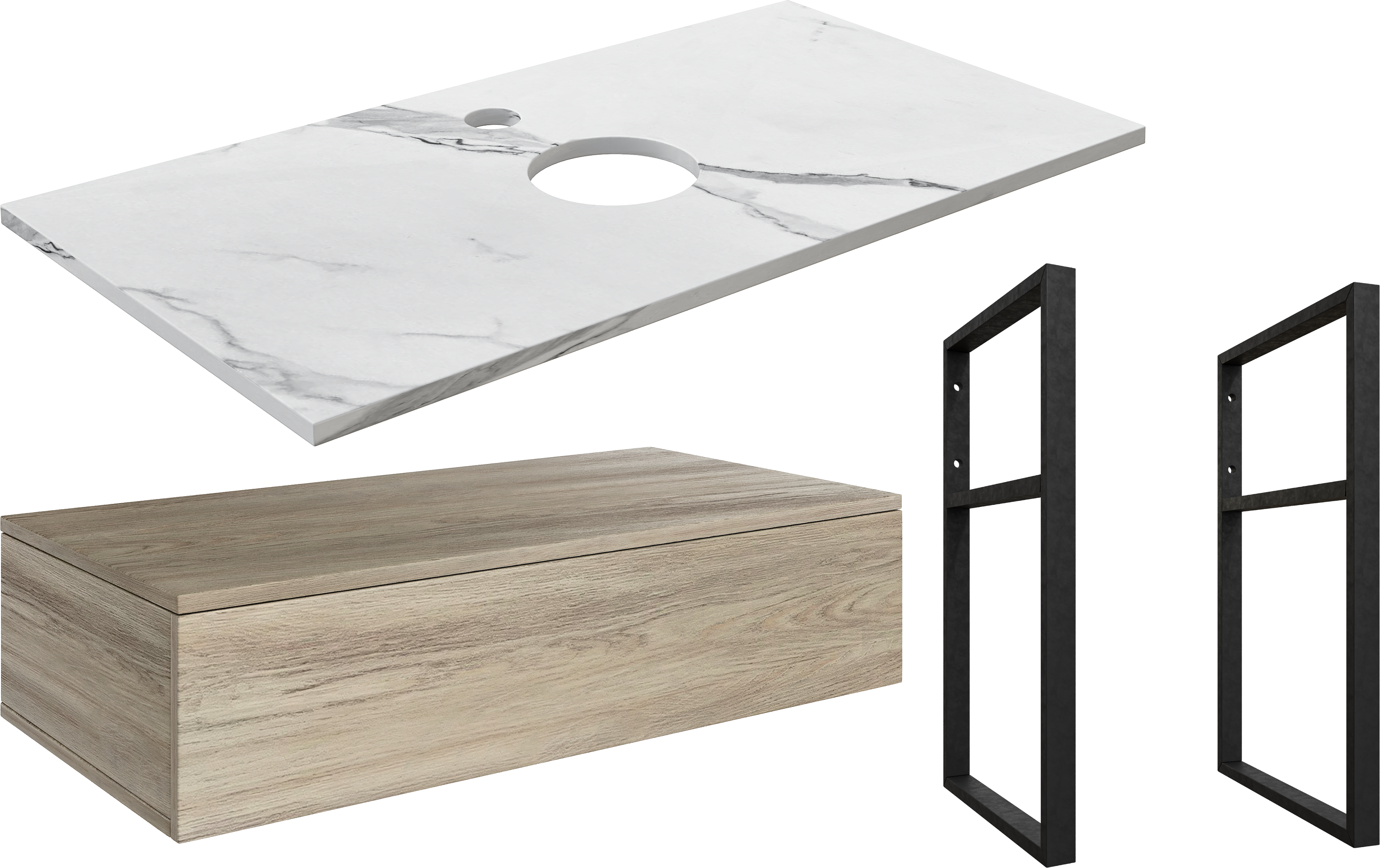 Тумба под раковину со столешницей DIWO Элиста 100, отверстие по центру, светлое дерево, белый мрамор