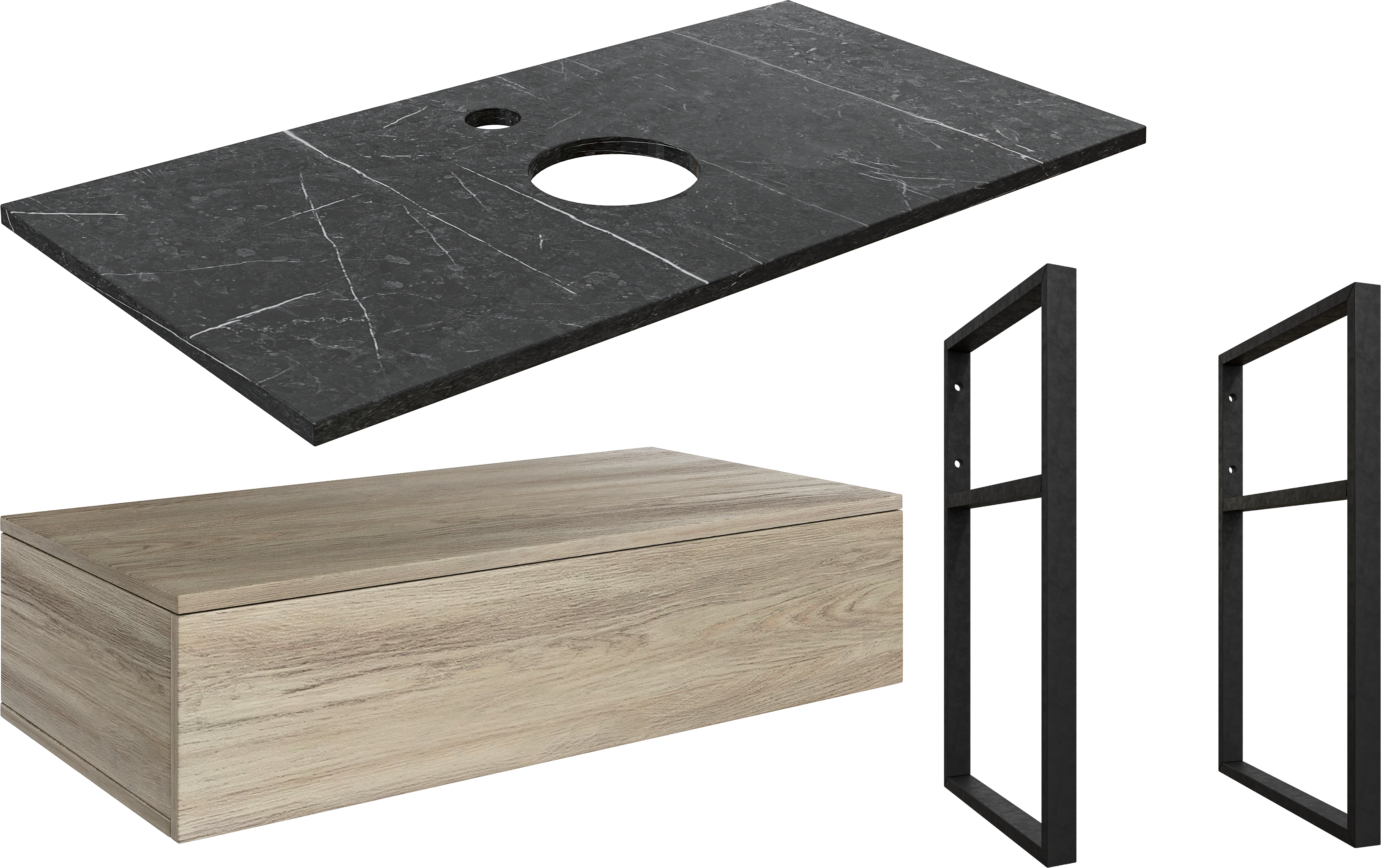 Тумба под раковину со столешницей DIWO Элиста 100, отверстие по центру, светлое дерево, черный мрамор