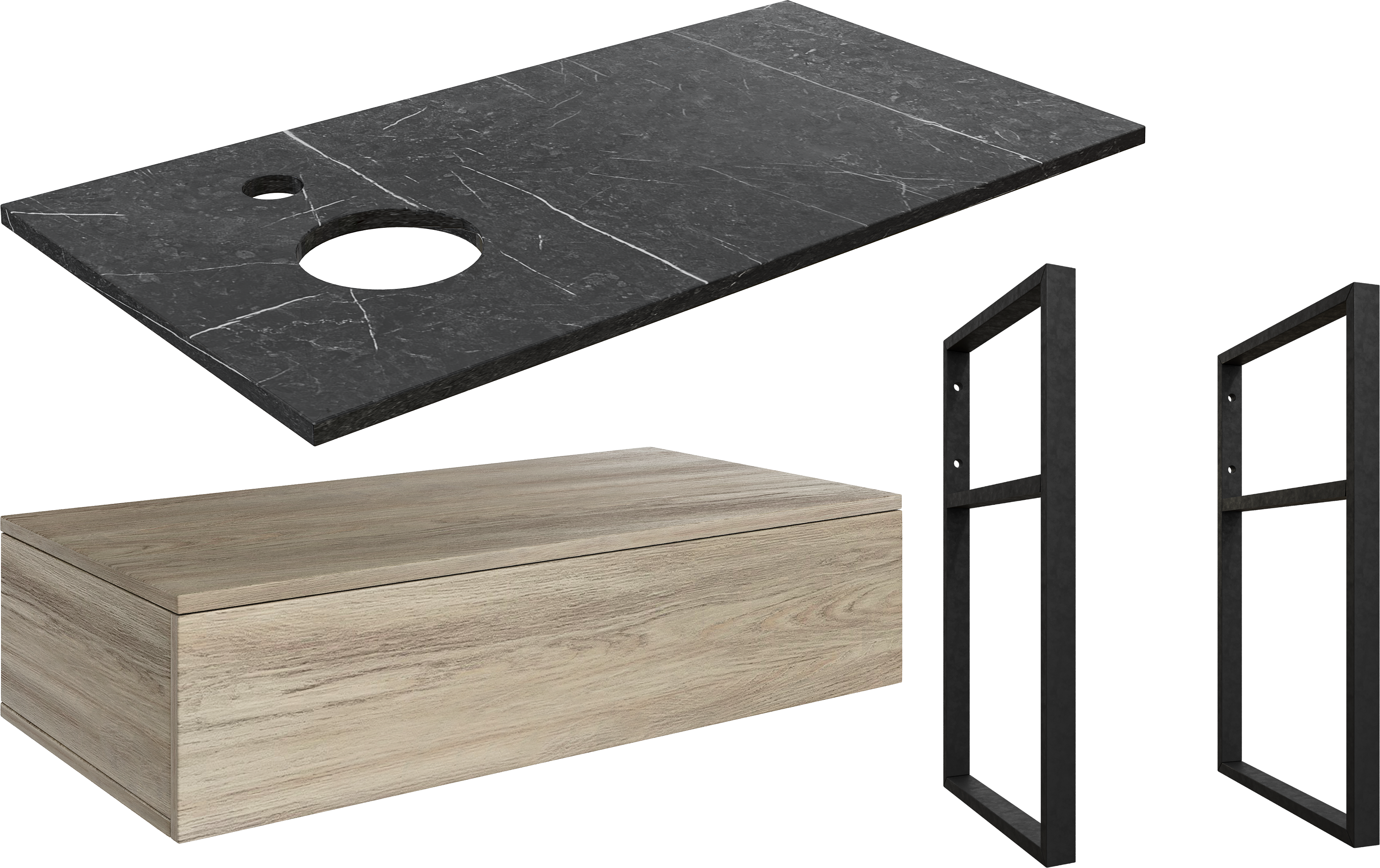 Тумба под раковину со столешницей DIWO Элиста 100, отверстие слева, светлое дерево, черный мрамор