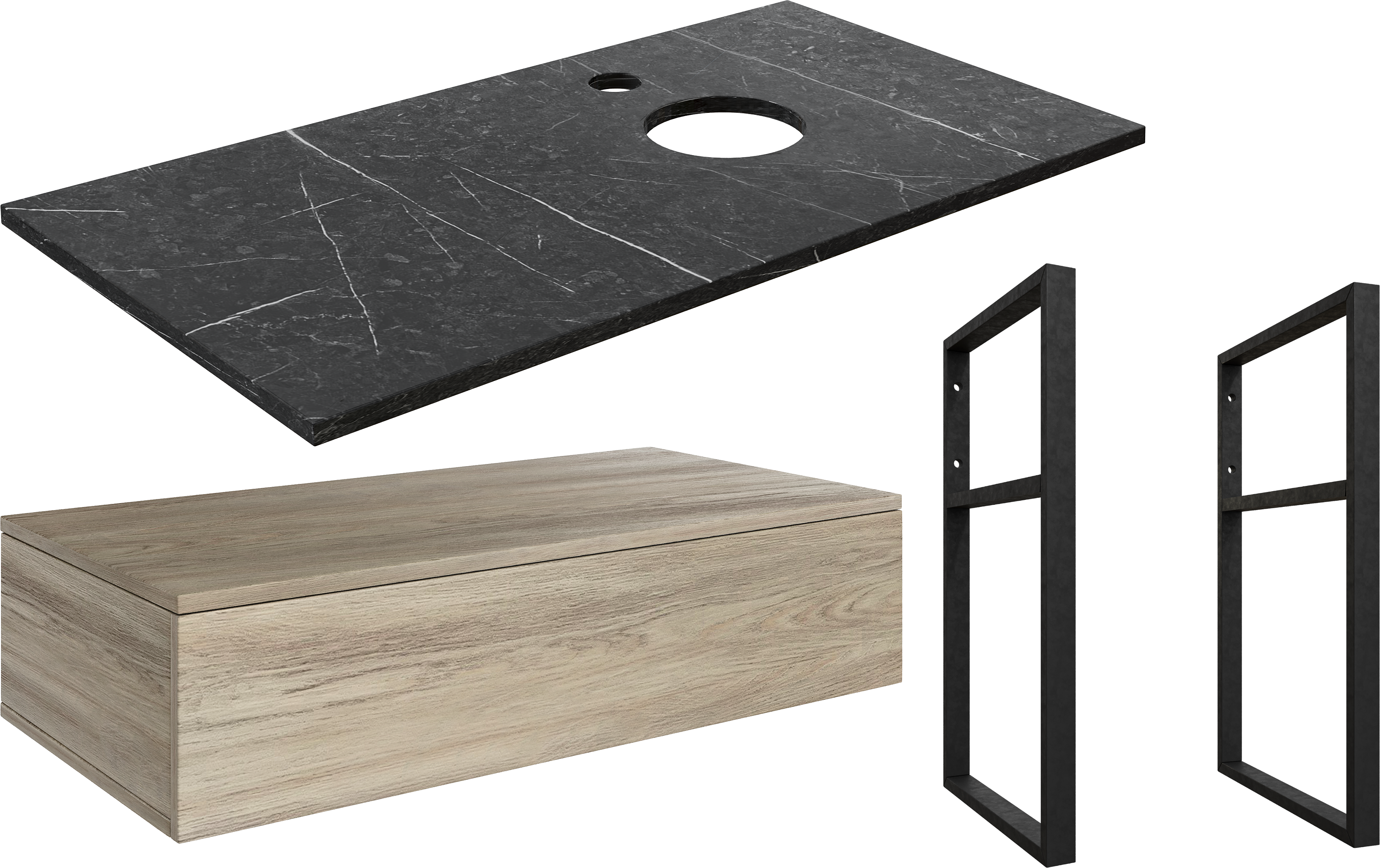 Тумба под раковину со столешницей DIWO Элиста 100, отверстие справа, светлое дерево, черный мрамор