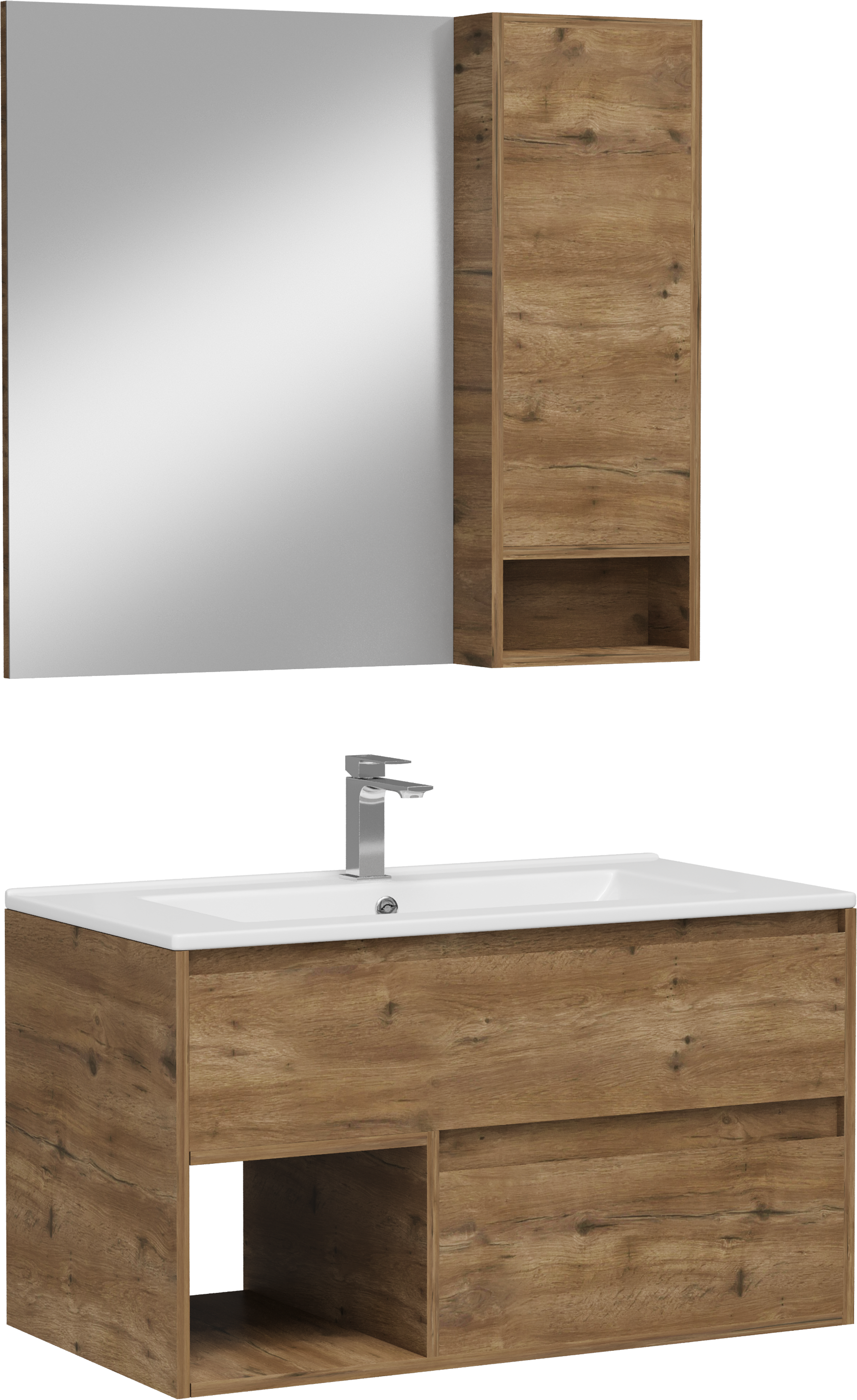 Мебель для ванной комнаты STWORKI Карлстад 90 дуб рустикальный, в стиле лофт, под дерево, подвесная, со смесителем (гарнитур, комплект)