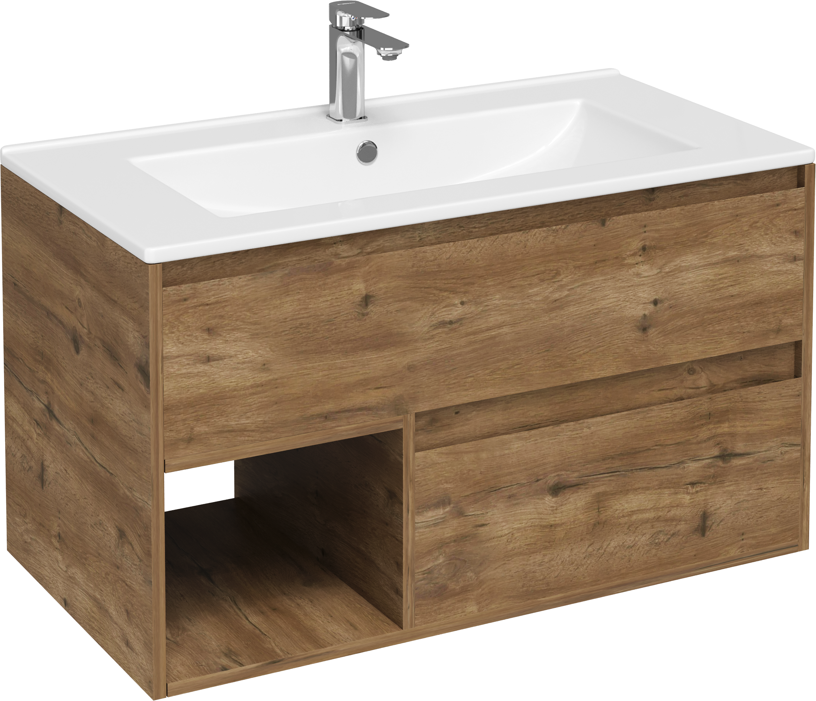 Тумба с раковиной STWORKI Карлстад 90 дуб рустикальный, со смесителем Вестерос S26010CR хром