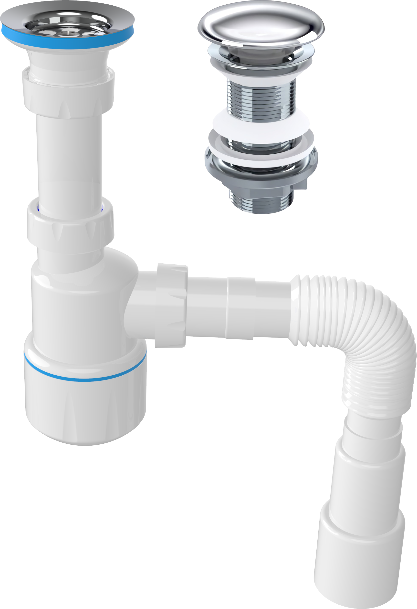 Комплект Донный клапан EWRIKA 8500385205 хром + Сифон Wirquin Минор 30718050 бутылочный, белый