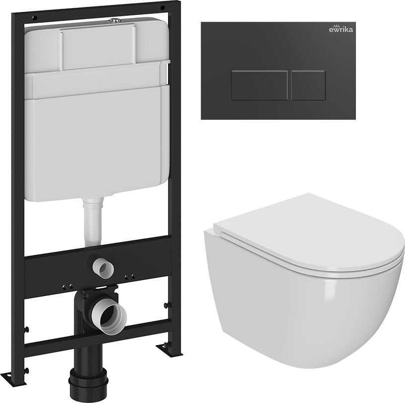 Комплект 3 в 1 Унитаз подвесной Bauedge Bau Dream Hurricane-2, с микролифтом, безободковый, белый + Инсталляция EWRIKA ProLT 0026-2020 + Кнопка 0044 цвет матовый черный