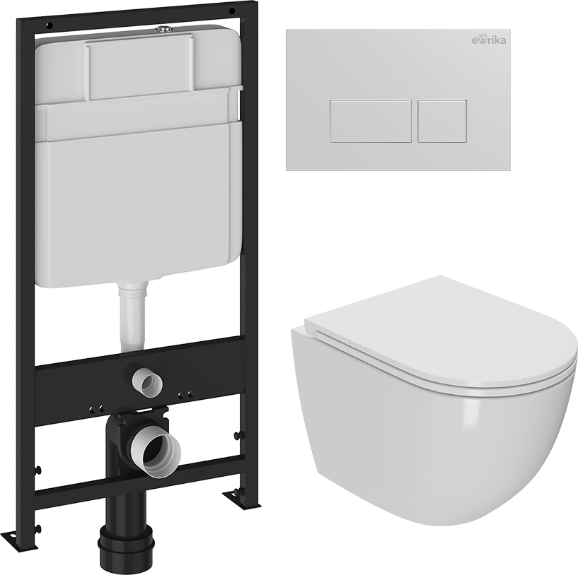 Комплект 3 в 1 Унитаз подвесной Bauedge Bau Dream Hurricane-2, с микролифтом, безободковый, белый + Инсталляция EWRIKA ProLT 0026-2020 + Кнопка 0042 цвет белый