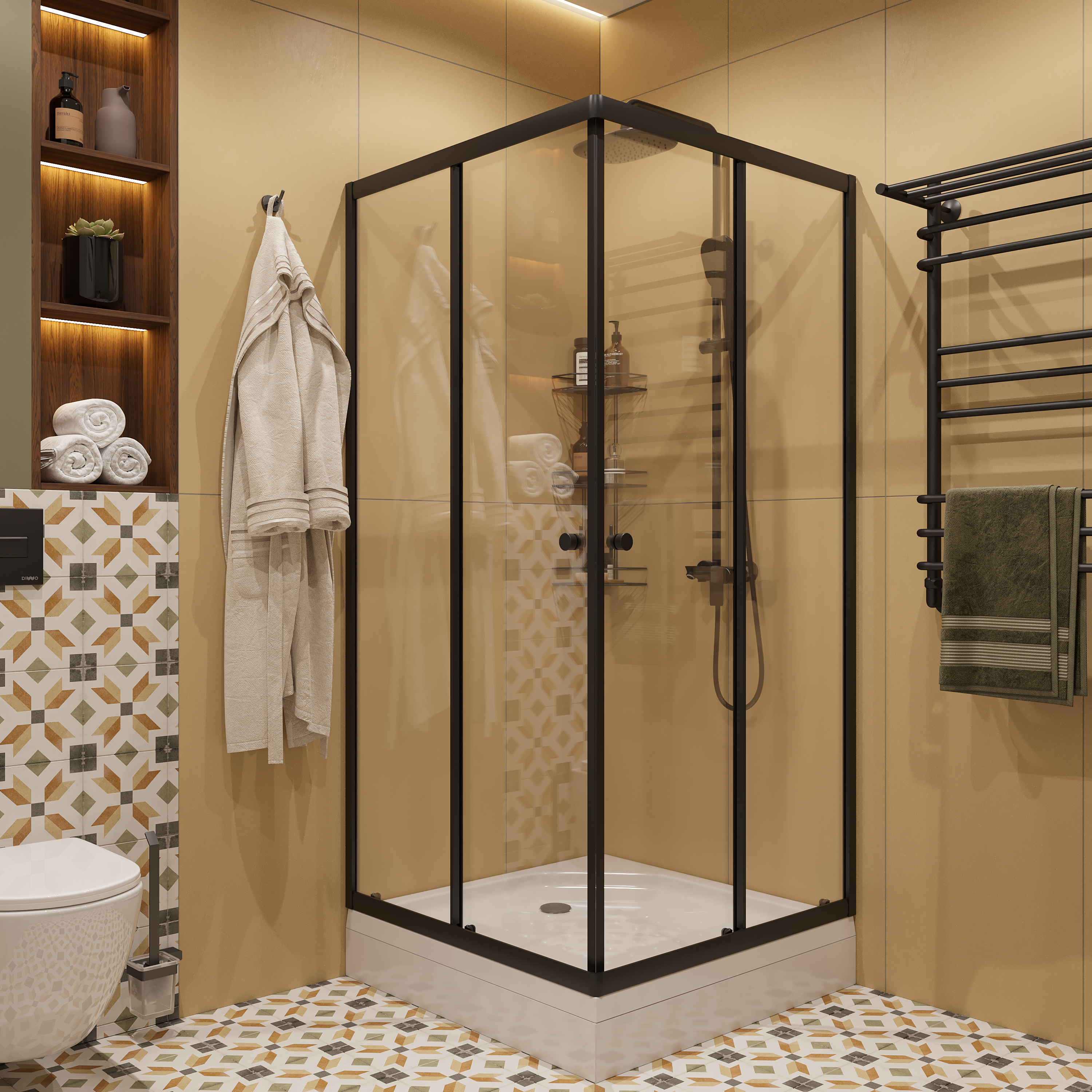 Душевой уголок DIWO Анапа 90х90, профиль черный матовый, с поддоном