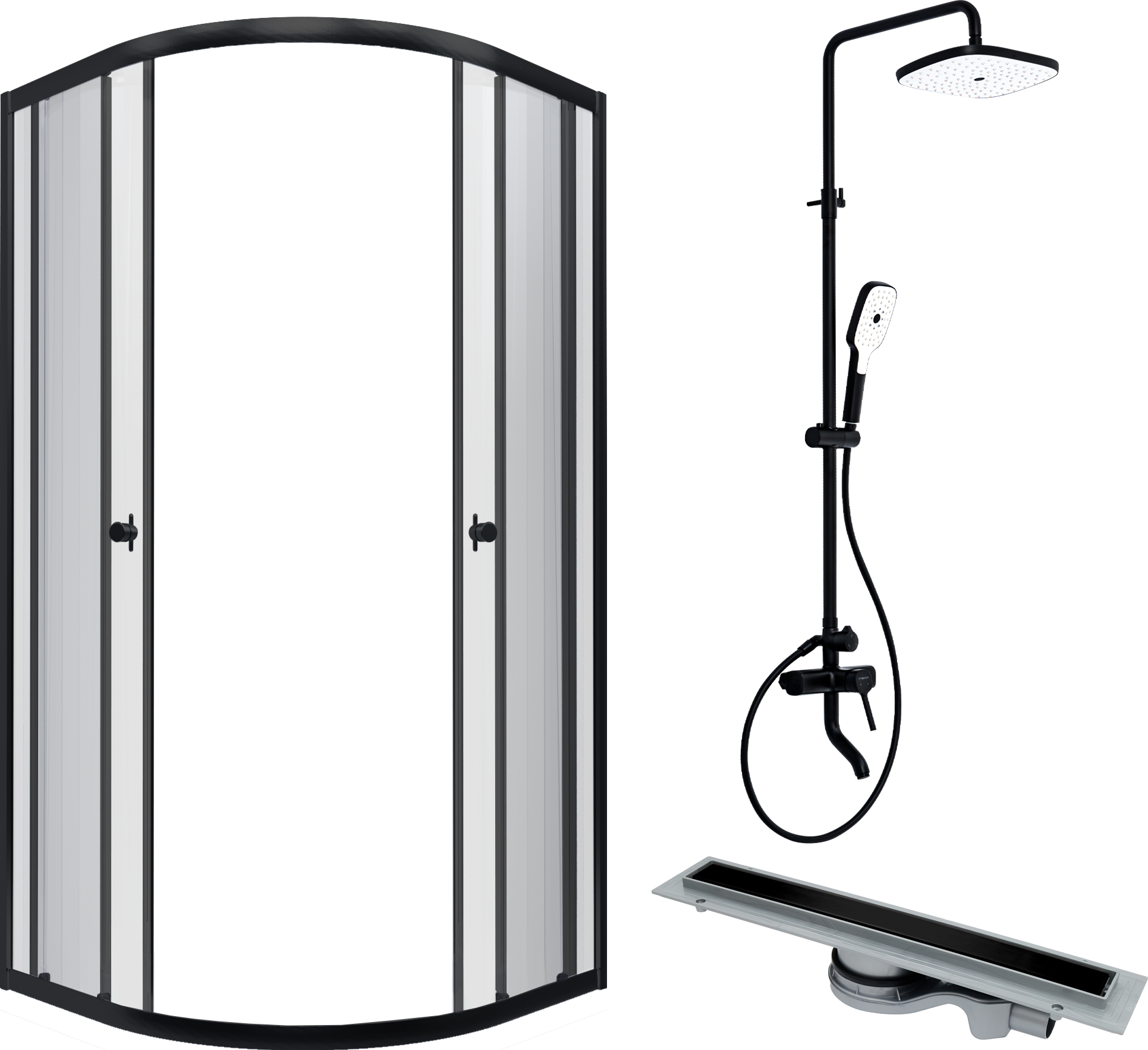 Комплект Душевой уголок DIWO Псков 90x90 профиль черный матовый + Лоток CK DRAIN 1105-00155 55 см, с мокрым затвором, щелевой, из нержавеющей стали, с решеткой, черный + Стойка STWORKI Мосс FT13196OBD со смесителем для ванны, черная матовая