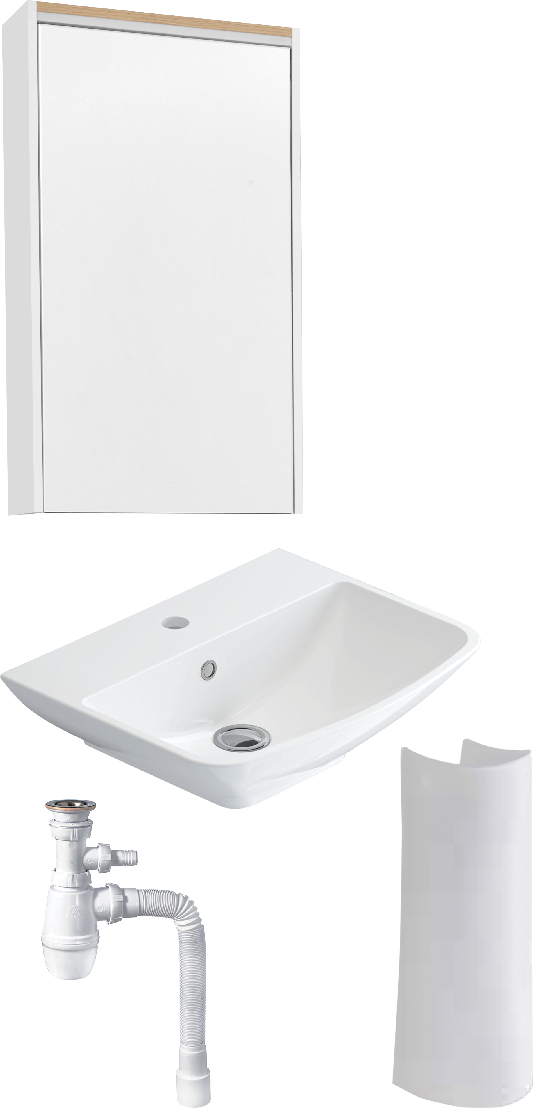 Комплект Раковина STWORKI Дублин 50 + Сифон Wirquin Минор с отводом для стиральной машины + Пьедестал K3502-0000 + Зеркало 50 с подсветкой, навесное, белое, прямоугольное