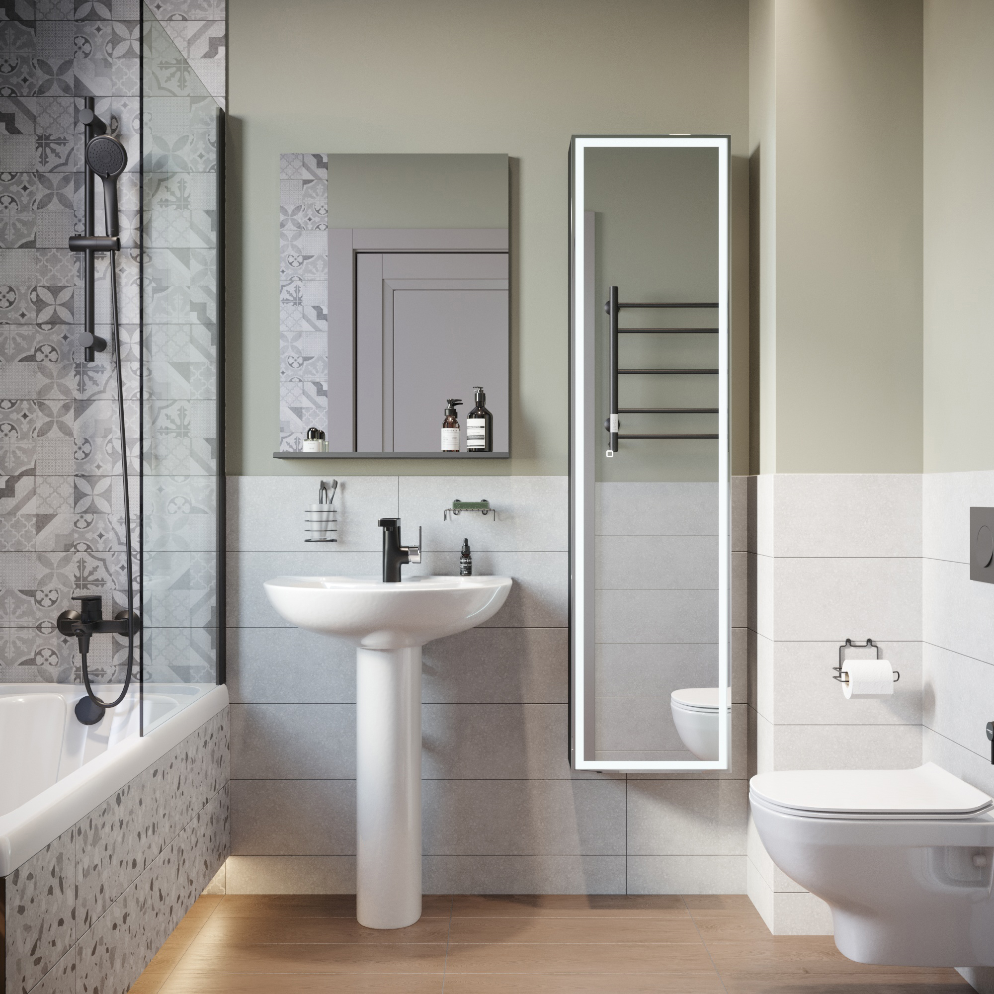 Комплект Раковина DIWO Ростов 63 см, подвесная, фаянсовая, белая + Зеркало Смоленск 60 с полкой, черное, в стиле лофт, прямоугольное + Сифон Wirquin Минор с отводом для стиральной машины + Пьедестал 70 см, полукруглый, фаянсовый, белый