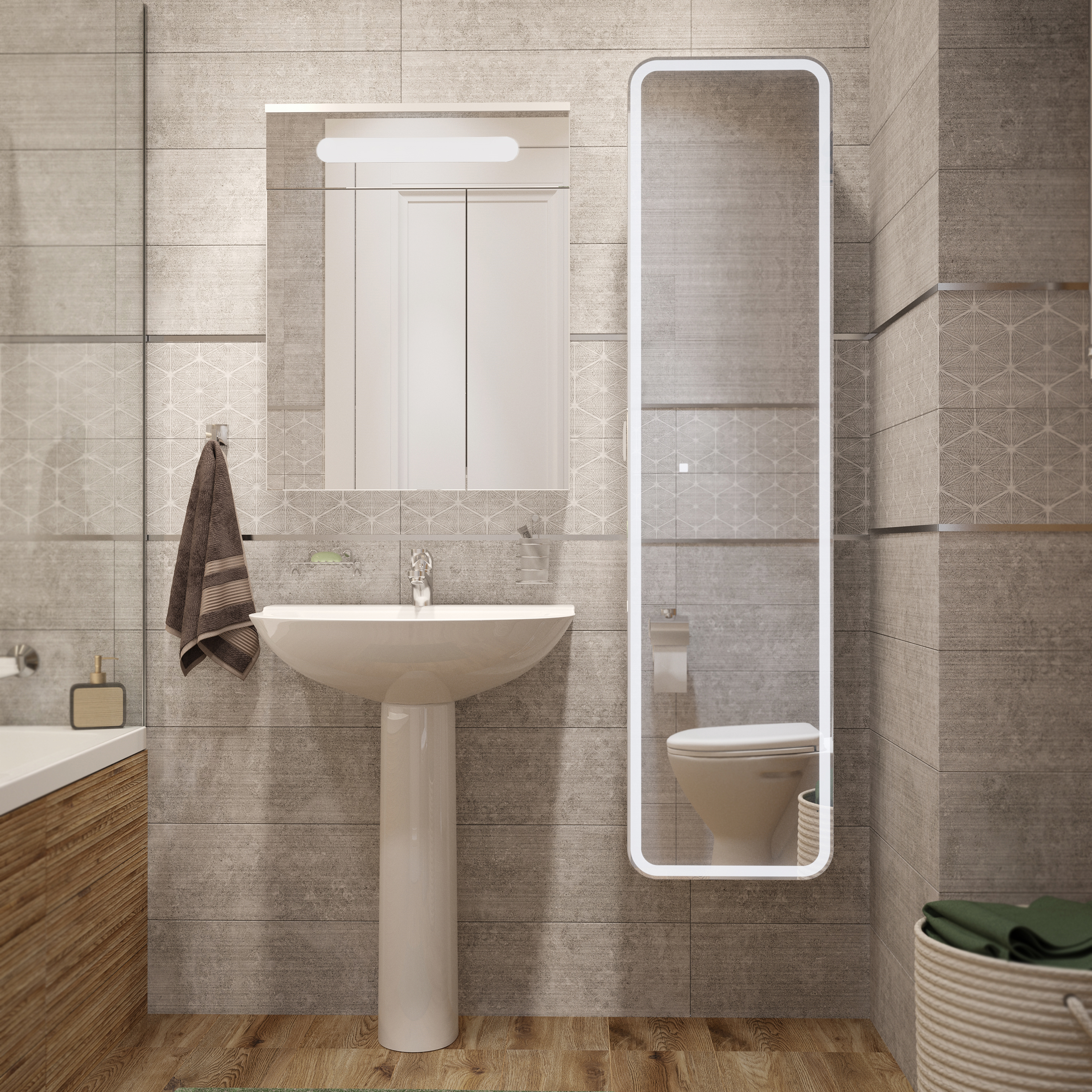 Комплект Раковина DIWO Муром 63 см, подвесная, фаянсовая, белая + Сифон Wirquin Минор с отводом для стиральной машины + Пьедестал 70 см, полукруглый, фаянсовый, белый + Зеркало Коломна 60 с подсветкой, белое