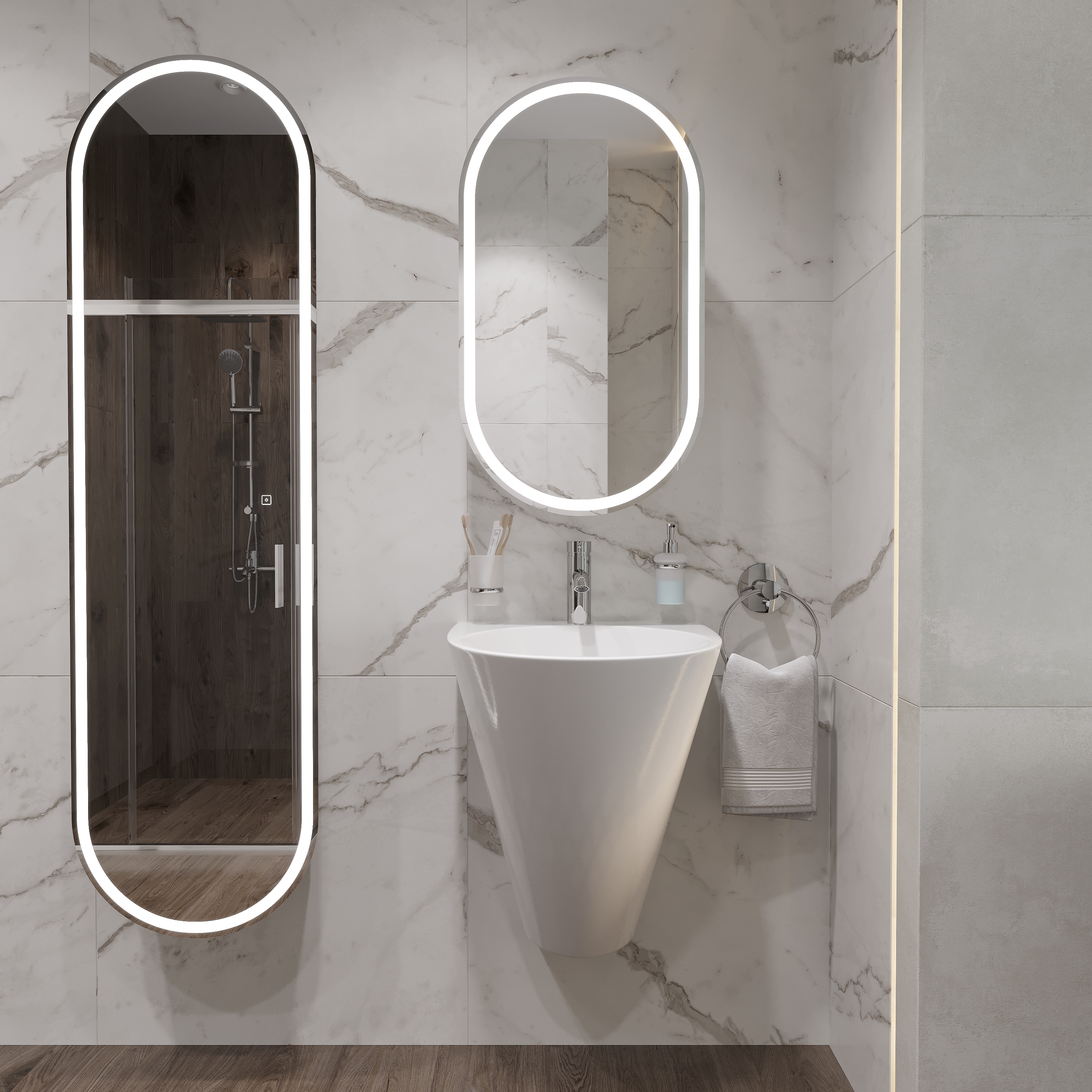 Комплект Раковина STWORKI моноблок 48 100501-101 + Сифон Wirquin Минор с отводом для стиральной машины + Зеркало Мальмё МВК074 45 с подсветкой, белое, прямоугольное, навесное, овальное, в стиле лофт