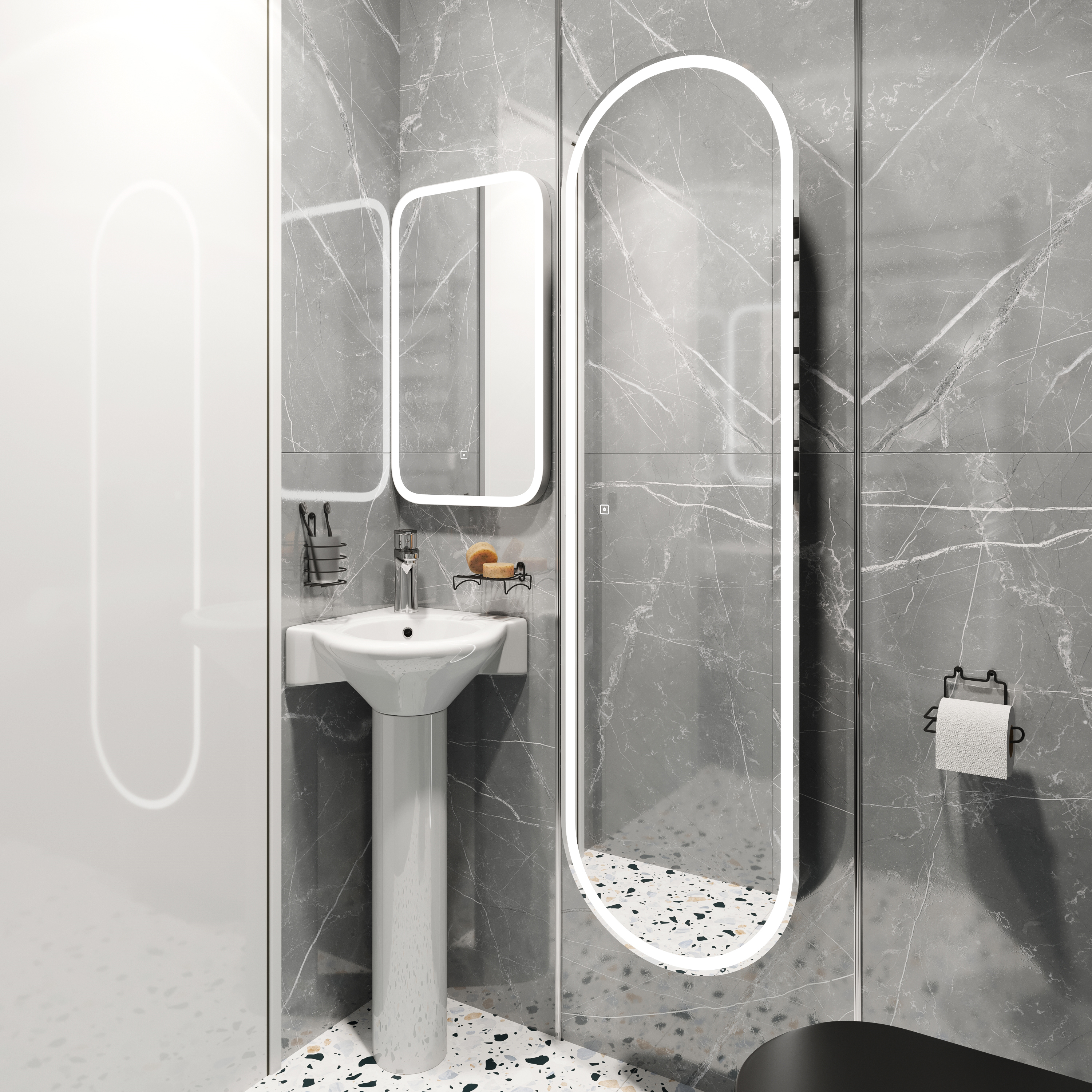 Комплект Раковина DIWO Псков 49 см угловая, фаянсовая, белая + Сифон Wirquin Минор с отводом для стиральной машины + Пьедестал 70 см, полукруглый, фаянсовый, белый + Зеркало 40 с подсветкой