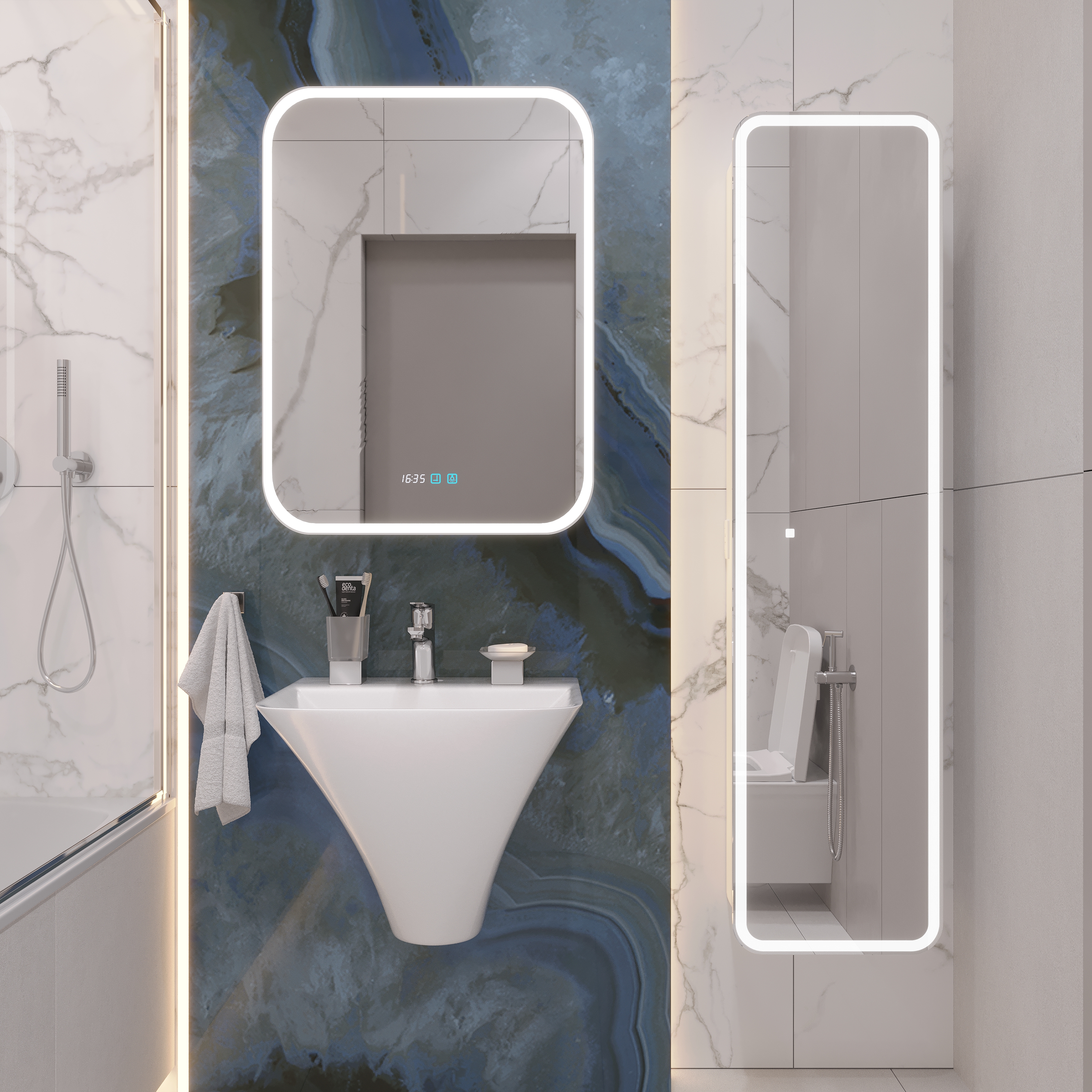 Комплект Раковина STWORKI Монтре моноблок Монтре 55 + Сифон Wirquin Минор с отводом для стиральной машины + Зеркало Алта 60 с LED подсветкой и часами, арт, прямоугольное, сенсорное управление